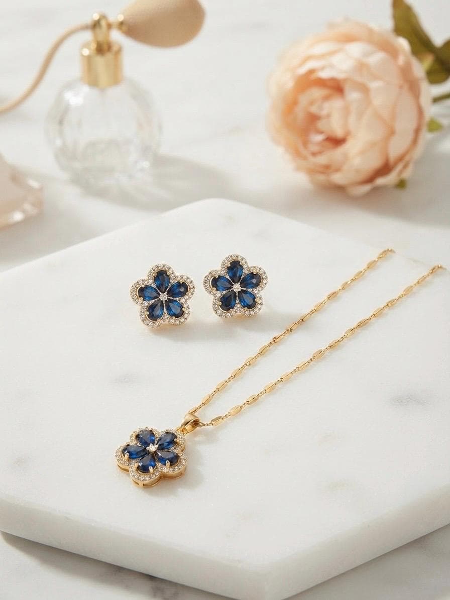 Blue Flower Jewelry Set: Zirconia Pendant Necklace, Stud Earrings, Gold-Tone Floral Design