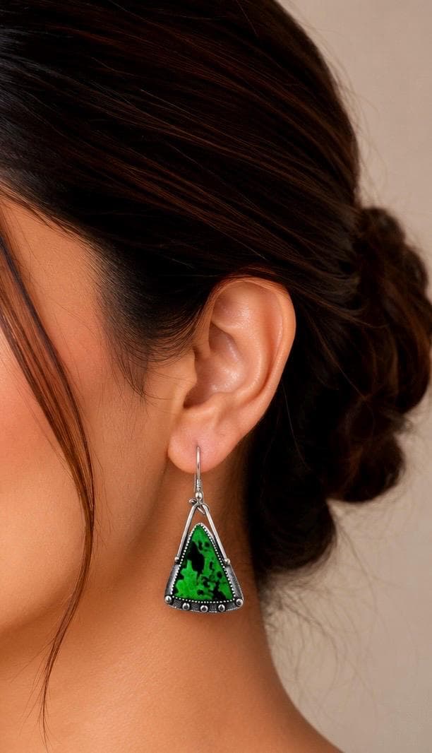 Green Stone Triangle Earrings in Sterling Silver - image 2