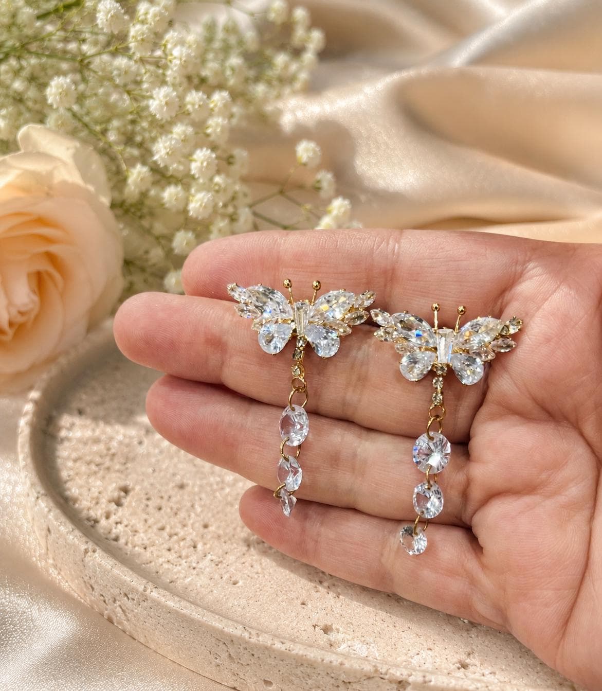 Gold Butterfly Crystal Drop Earrings | Dainty Rhinestone Bridal Fairycore Jewelry - image 3