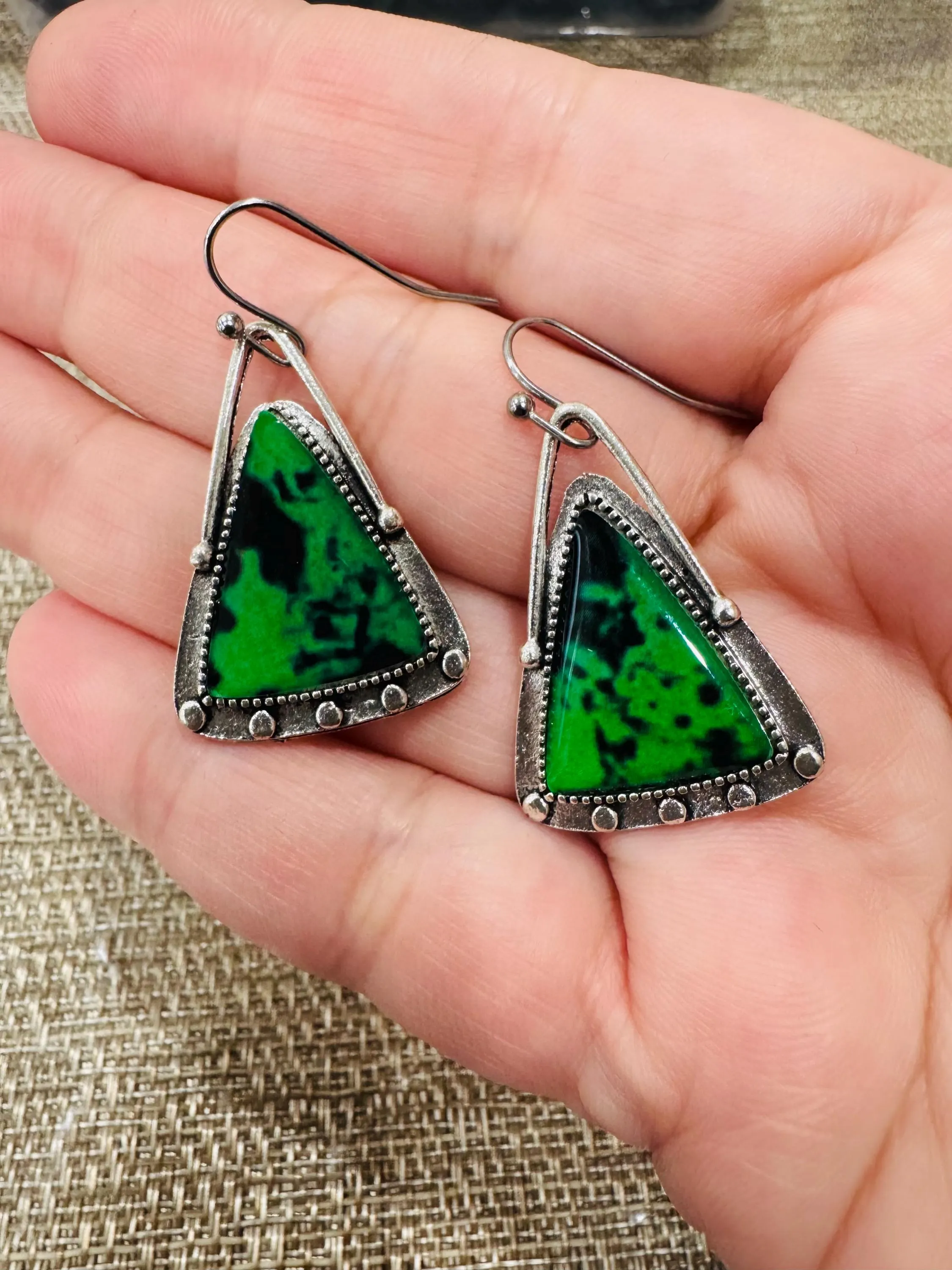 Green Stone Triangle Earrings in Sterling Silver