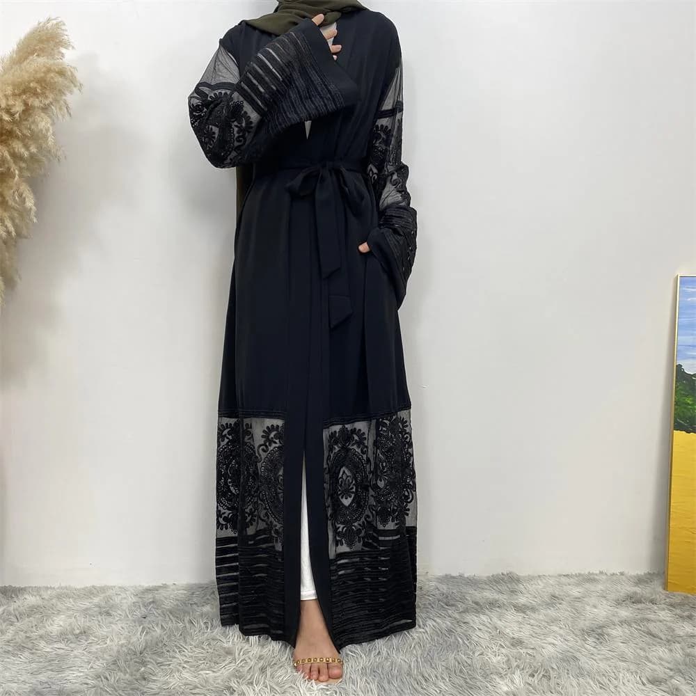 Open Abaya with Embroidered Lace Trim and Pockets