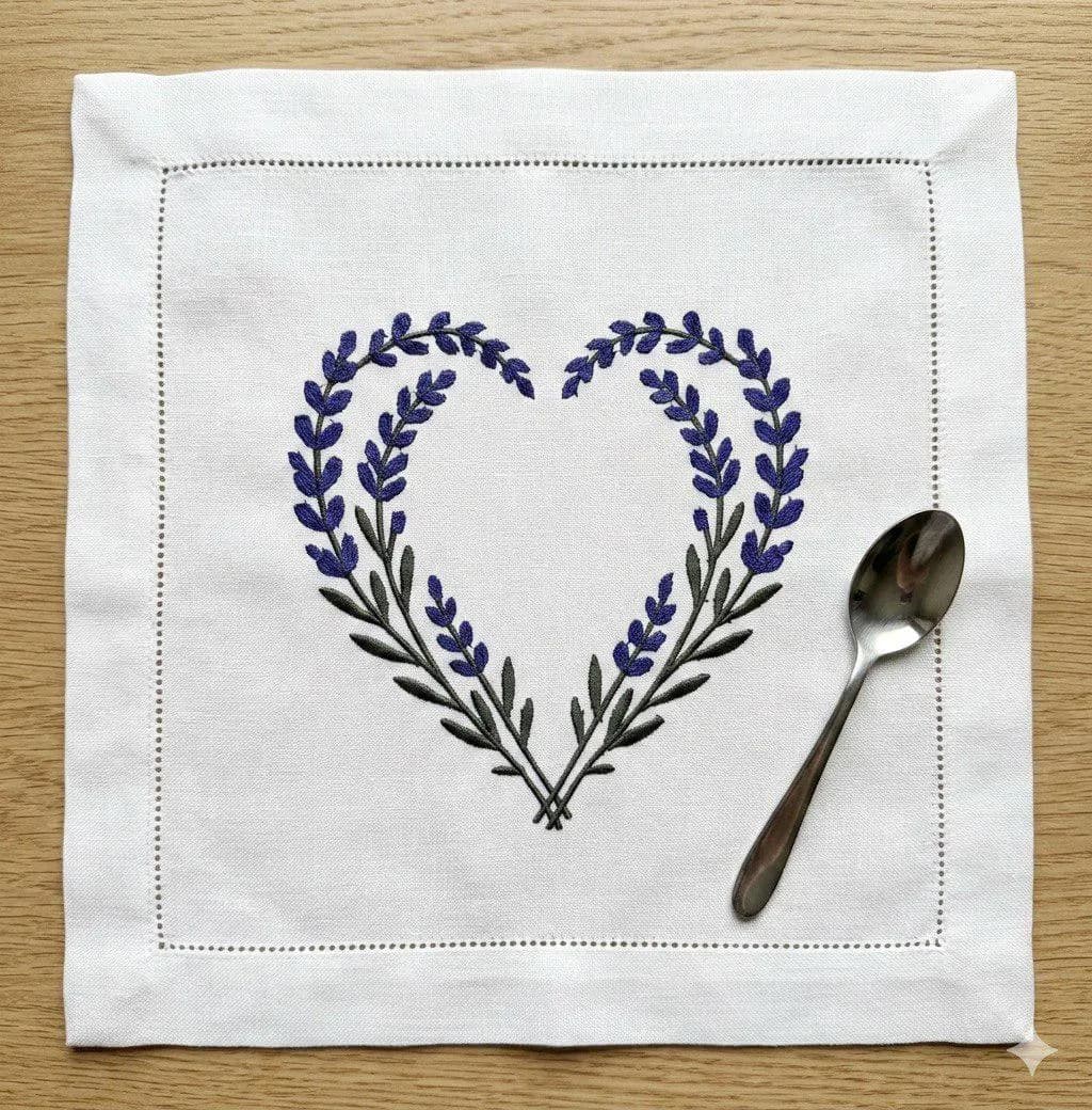Lavender Heart Napkin Machine Embroidery Pattern PES JEF Floral Stitch