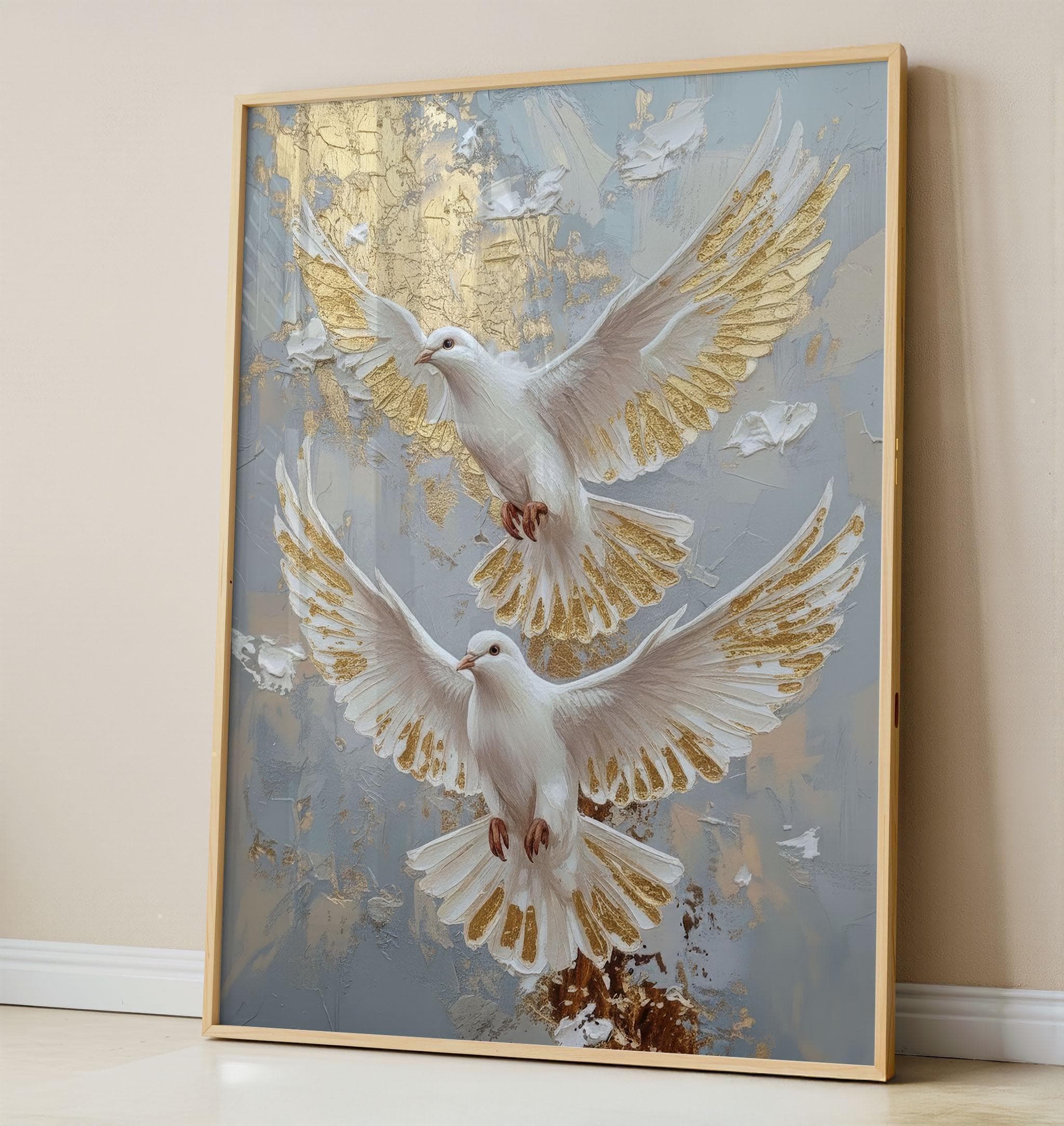 White Doves with Gold Texture – Spiritual Bird Canvas, Luxury Modern Decor - image 3