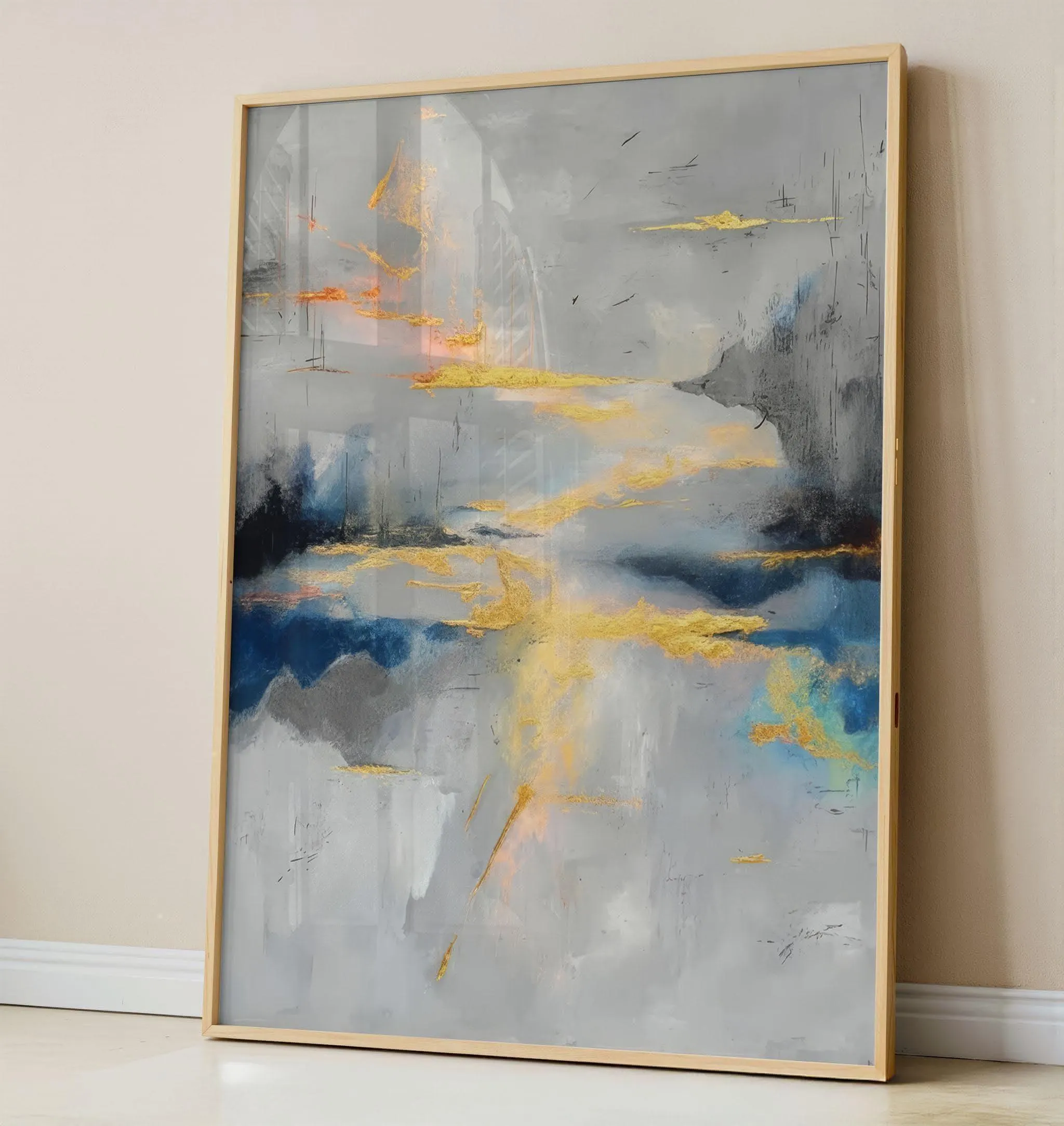 Abstract Gold Leaf Wall Art Modern Blue Grey Canvas Print Luxury Textured Home Decor - image 5
