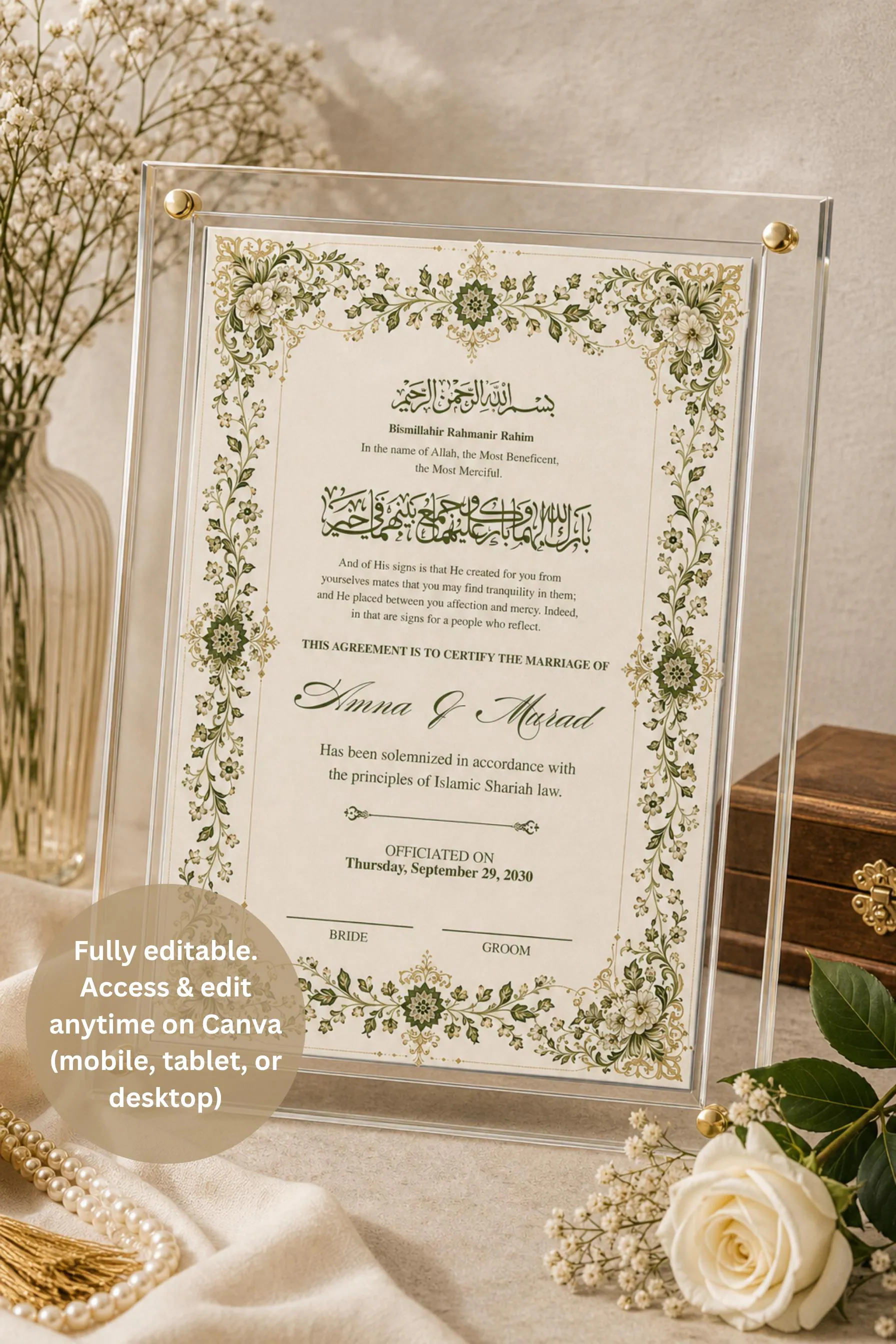 Floral Nikah Certificate, Editable Islamic Marriage Contract, Nikah Template A4 A3, Digital Download