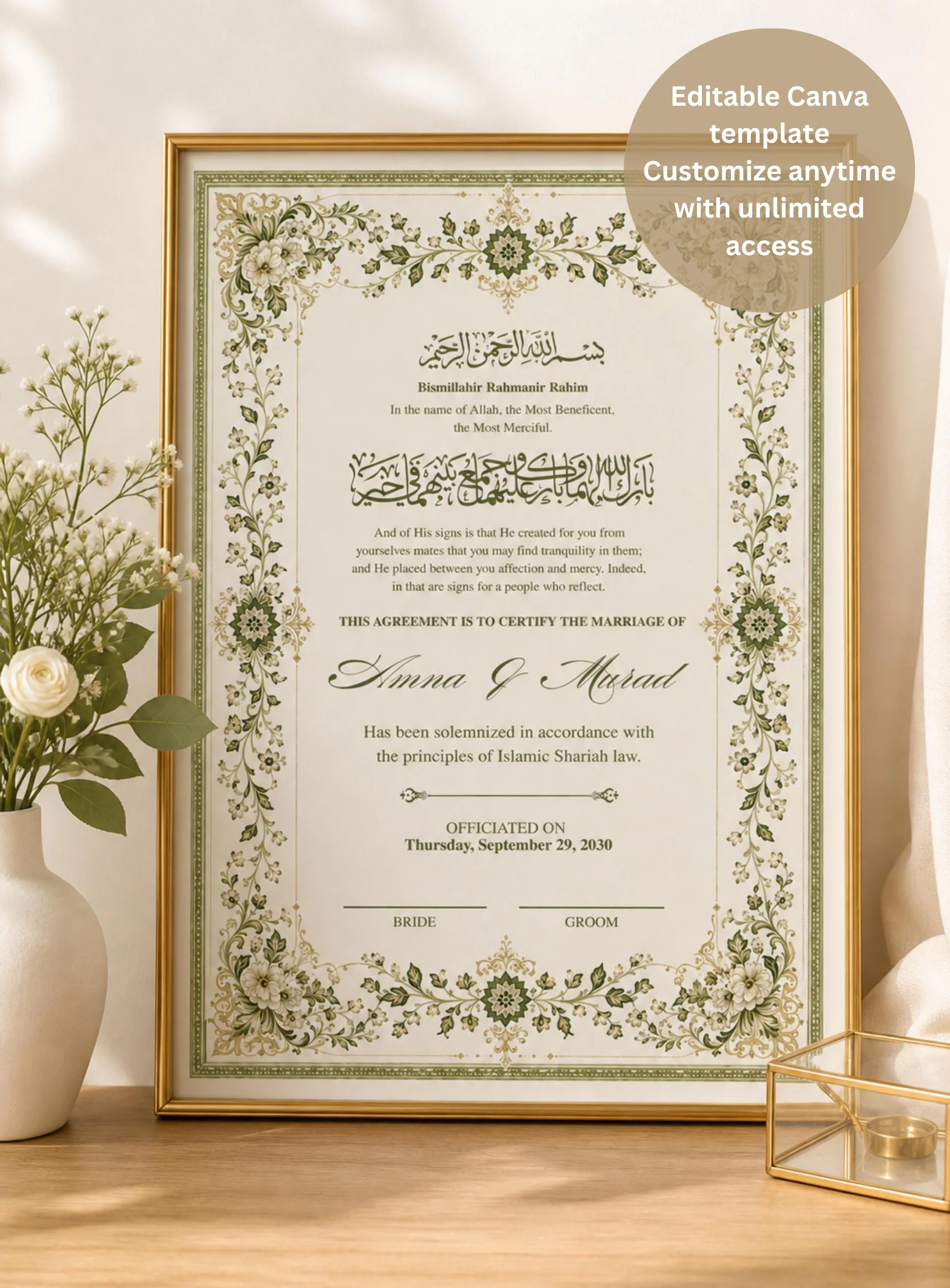 Floral Nikah Certificate, Editable Islamic Marriage Contract, Nikah Template A4 A3, Digital Download - image 2