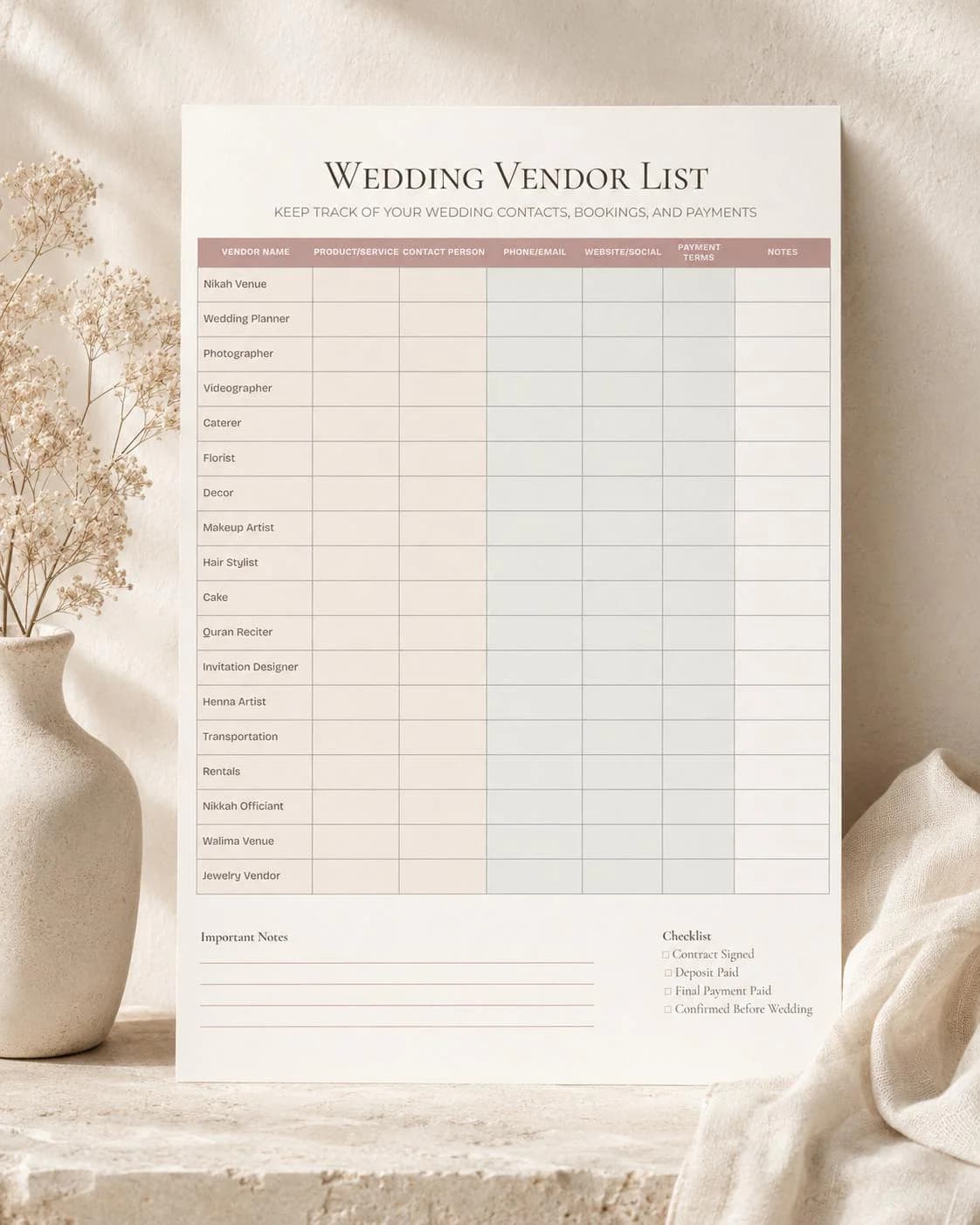 Editable Wedding Vendor List Template, Muslim Wedding Planner Checklist, Printable Vendor Contact Sheet