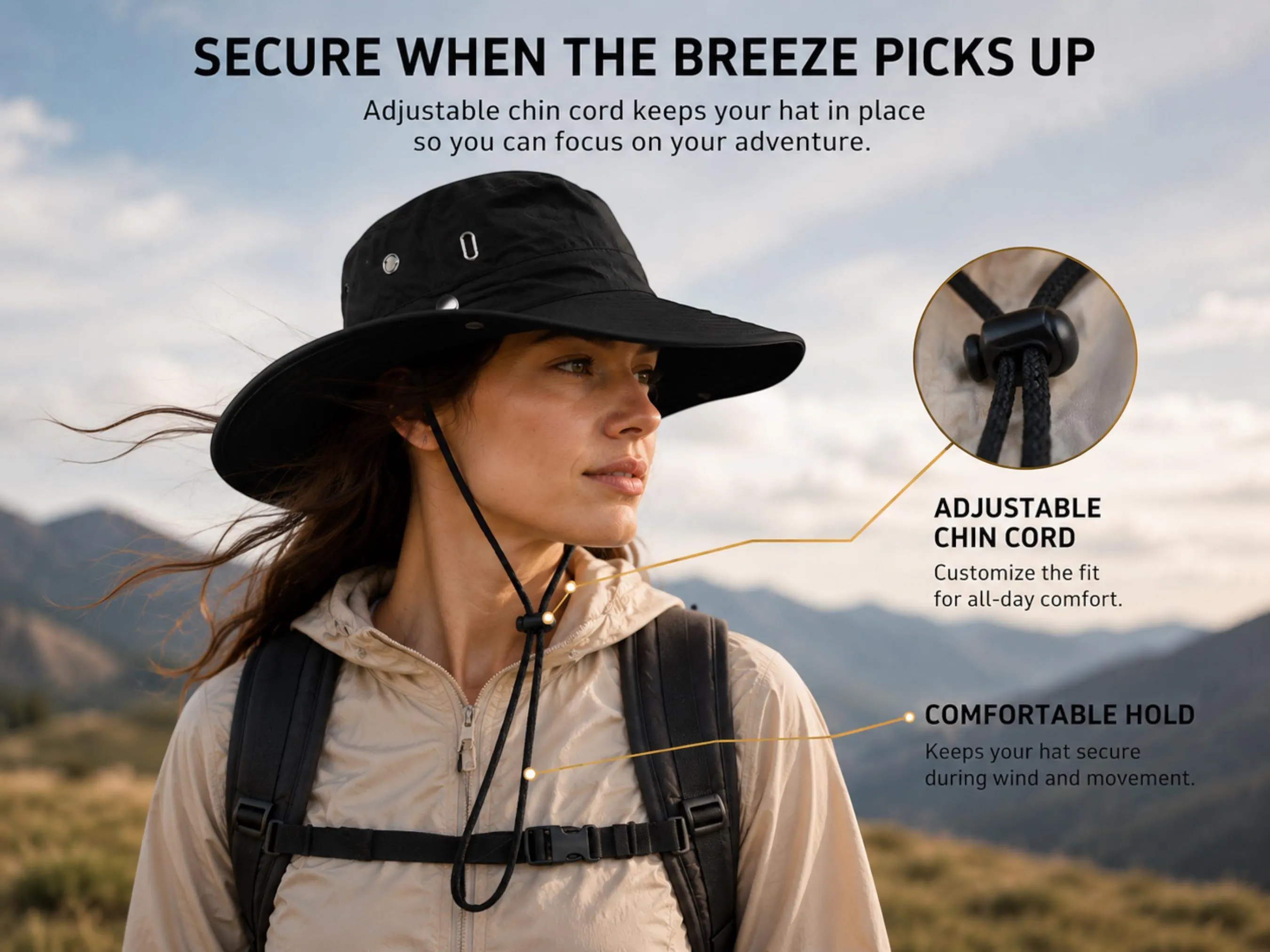 Wide Brim Packable Sun Hat | Adjustable Chin Cord, Outdoor Headwear - image 2