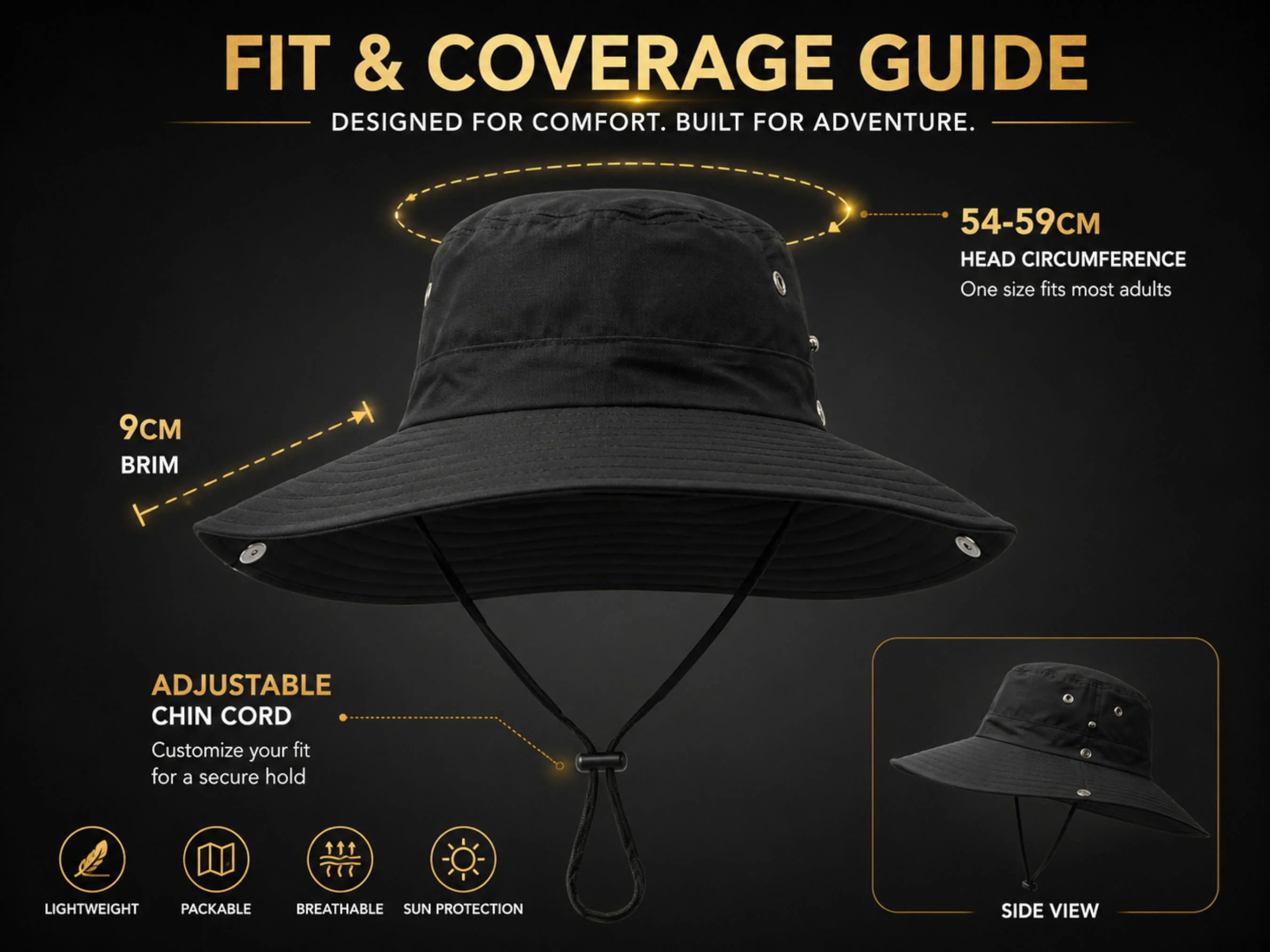 Wide Brim Packable Sun Hat | Adjustable Chin Cord, Outdoor Headwear - image 4