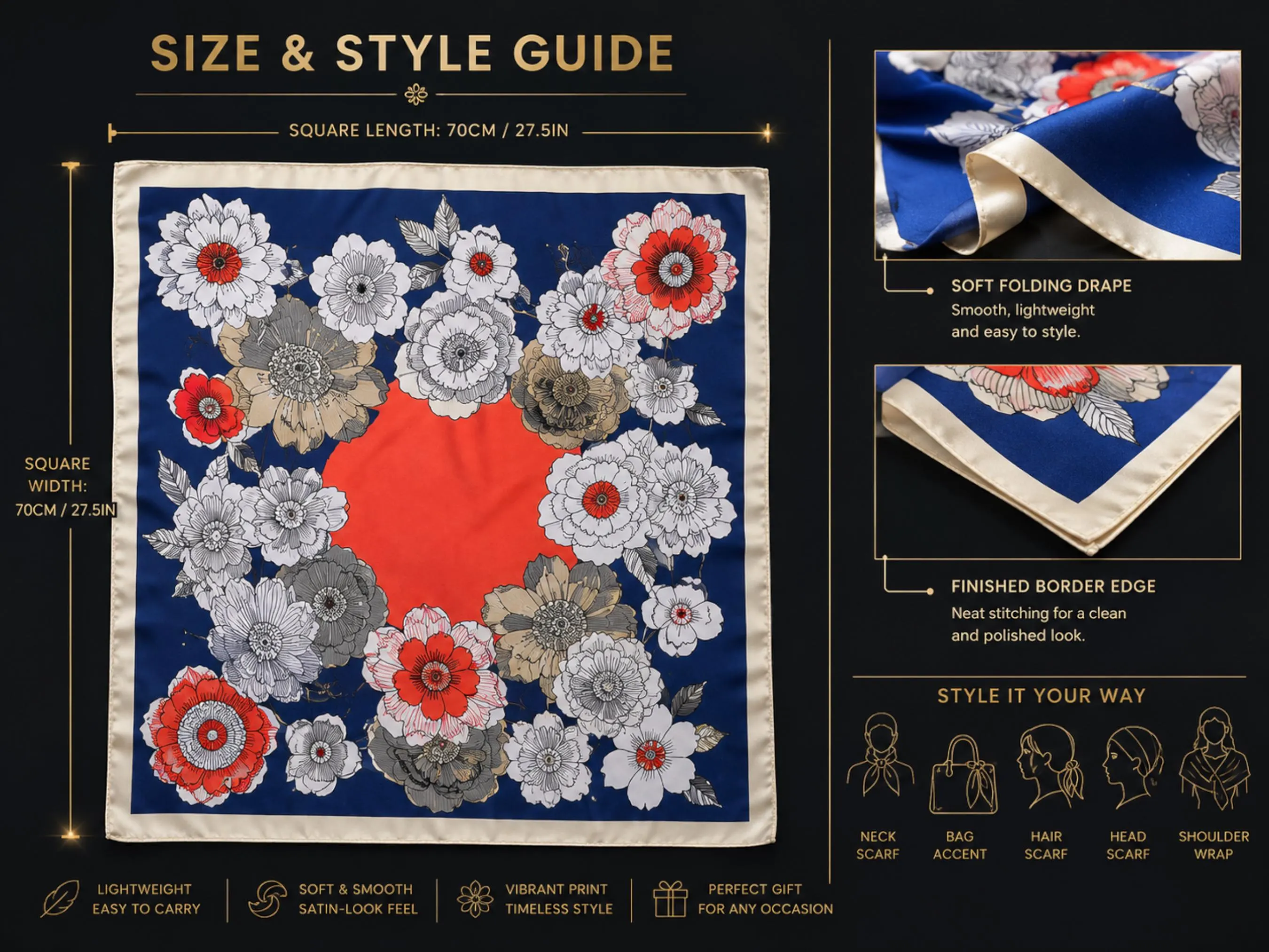 Floral Satin-Look Square Scarf | Elegant Neckerchief, Bag Accent, Hair Wrap - image 5