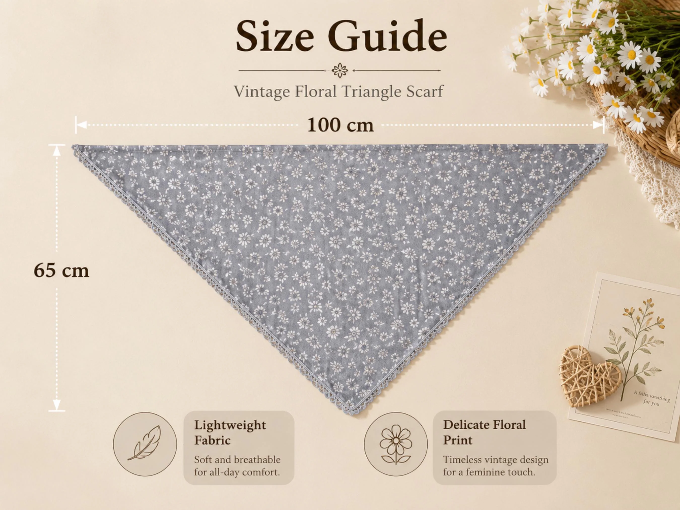 Vintage Floral Triangle Hair Scarf | Lace Edge Boho Kerchief, Women's Head Wrap - image 4