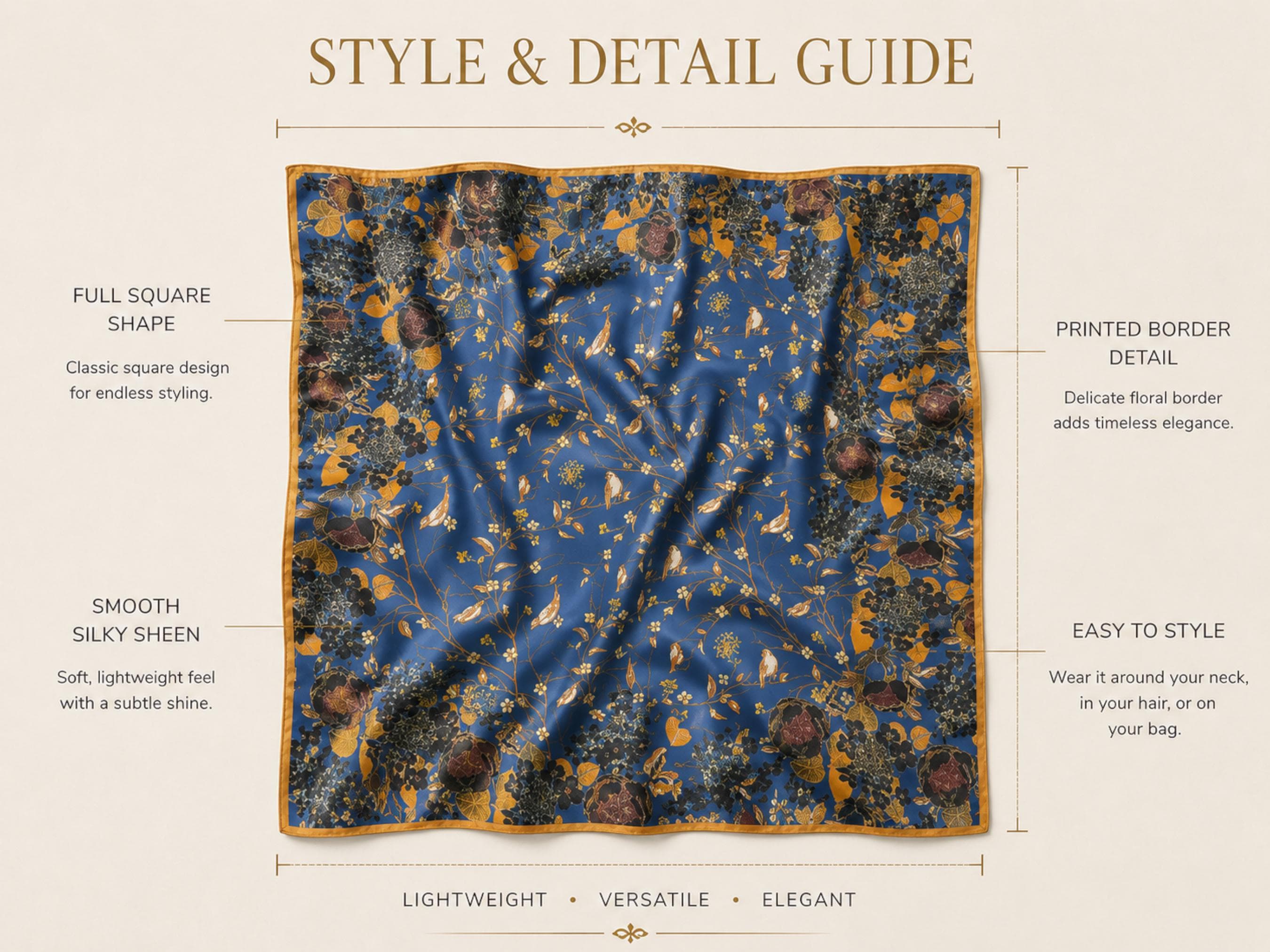 Blue Floral Satin Scarf | Bird Botanical Print Neck Hair Bag Scarf - image 4