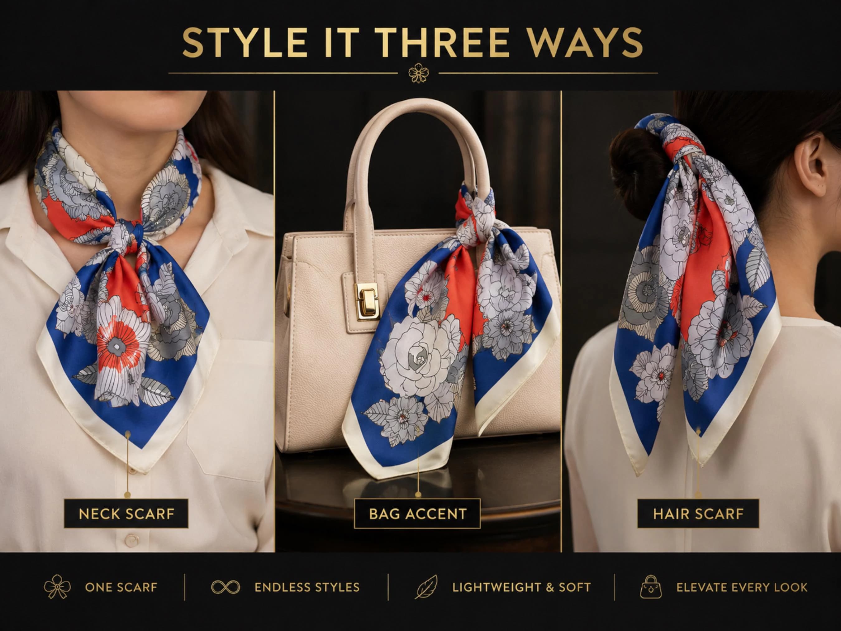 Floral Satin-Look Square Scarf | Elegant Neckerchief, Bag Accent, Hair Wrap