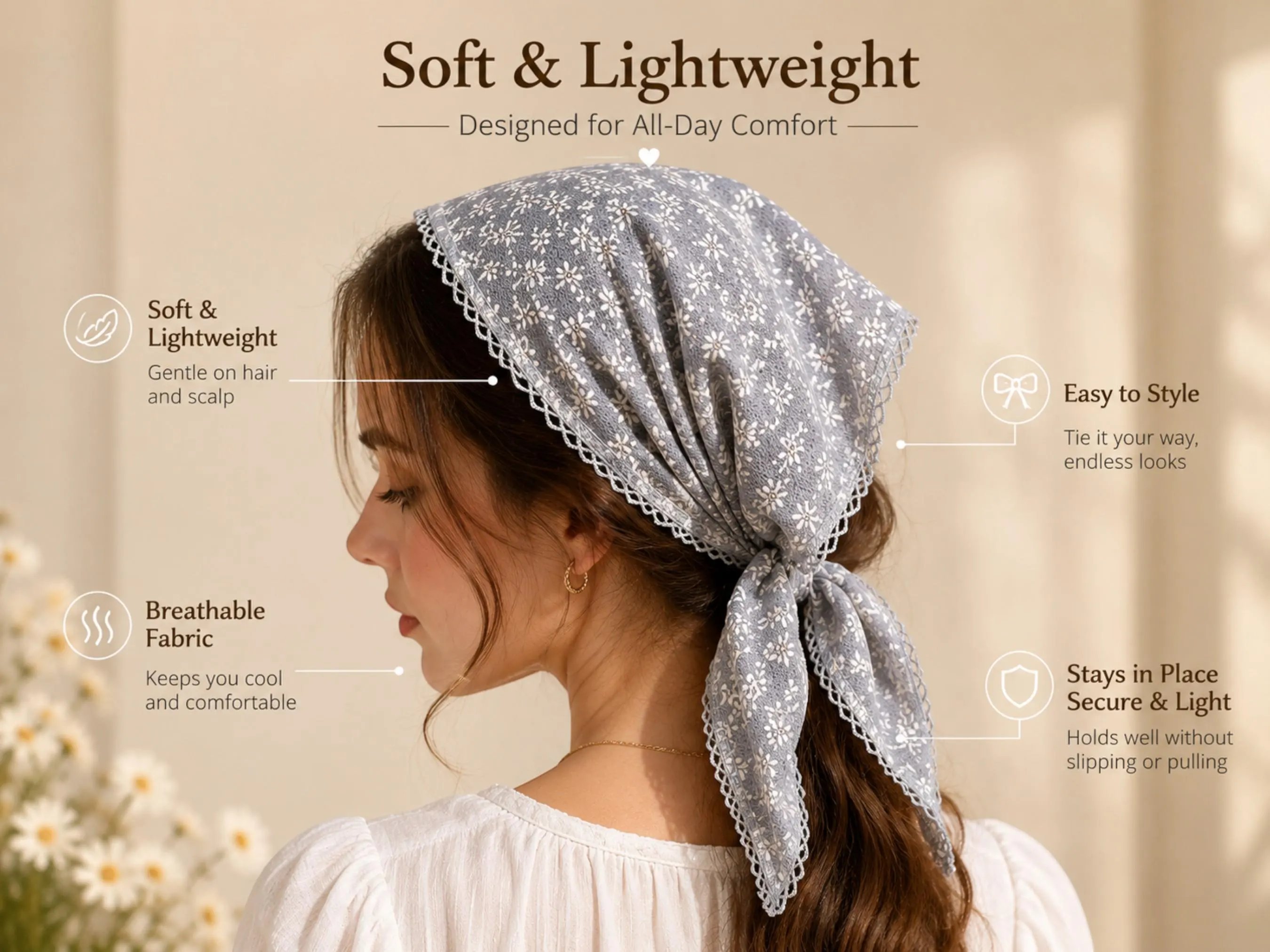 Vintage Floral Triangle Hair Scarf | Lace Edge Boho Kerchief, Women's Head Wrap - image 2