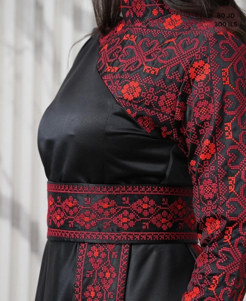 Long Black Palestinian Embroidered Dress with Red Details #1037 - image 2