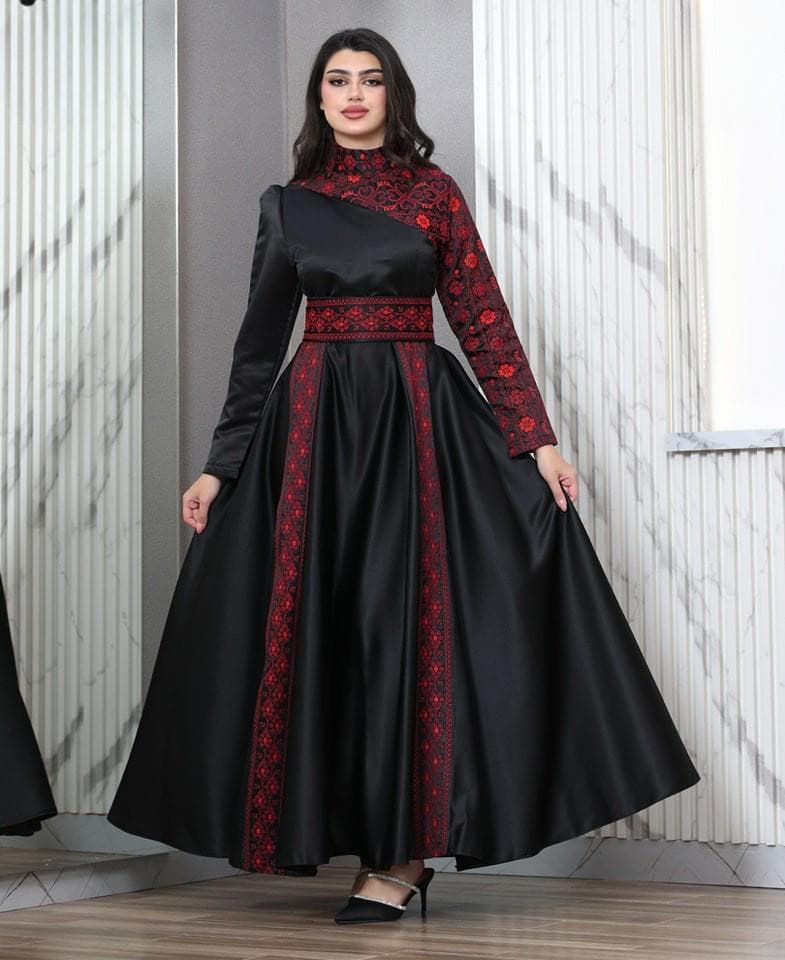 Long Black Palestinian Embroidered Dress with Red Details #1037 - image 3