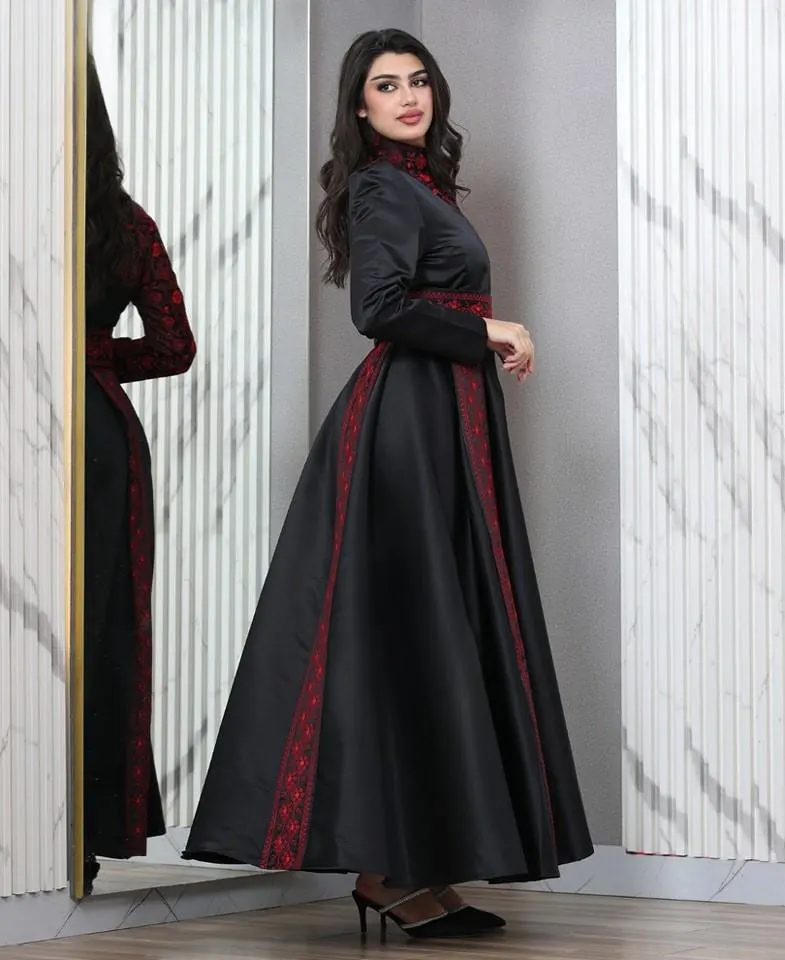 Long Black Palestinian Embroidered Dress with Red Details #1037