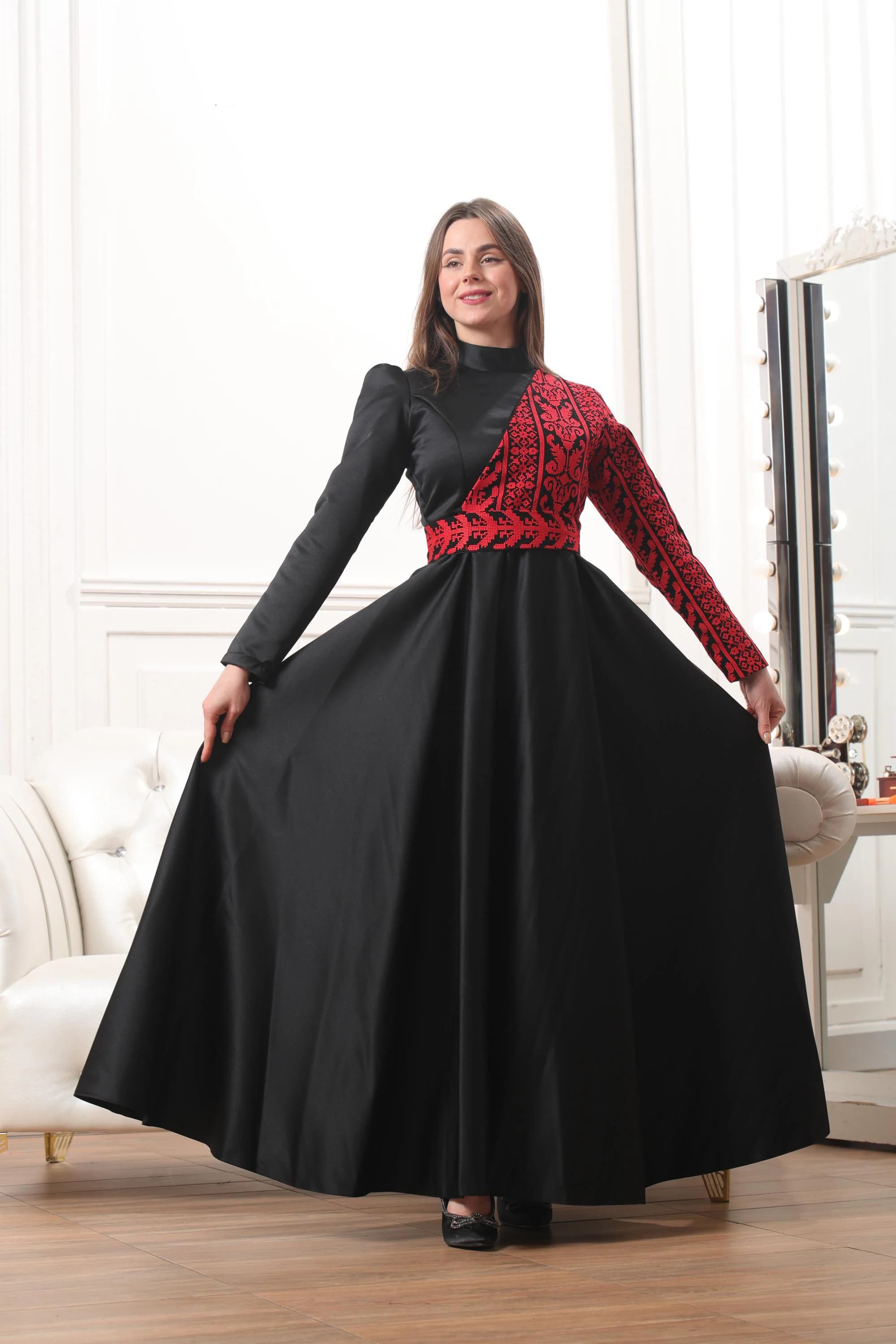 Asymmetric Palestinian Embroidered Maxi Dress – Artistic Heritage Design #24