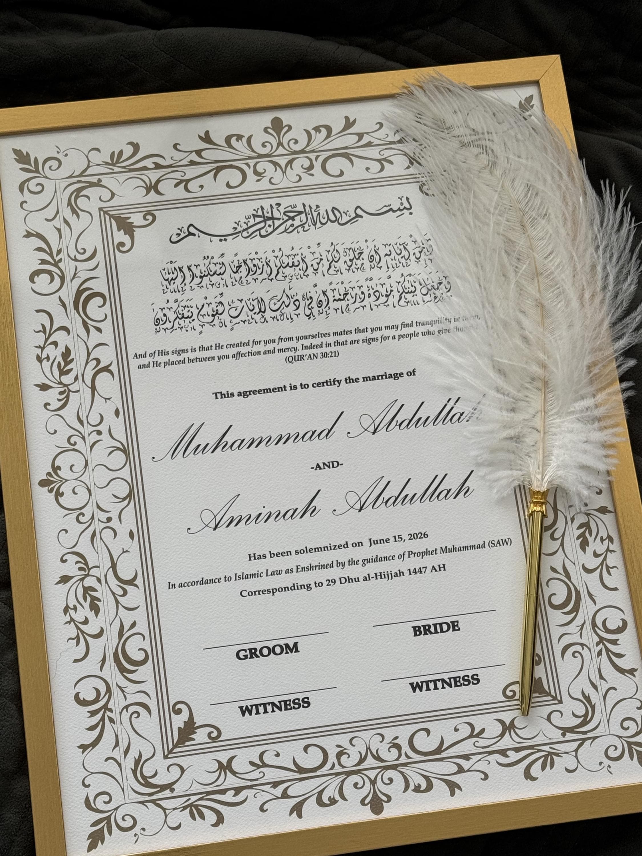 Elegant Islamic Marriage Certificate 11x14 | Personalized Nikkah Nama for Signing Ceremony – Safiya Design