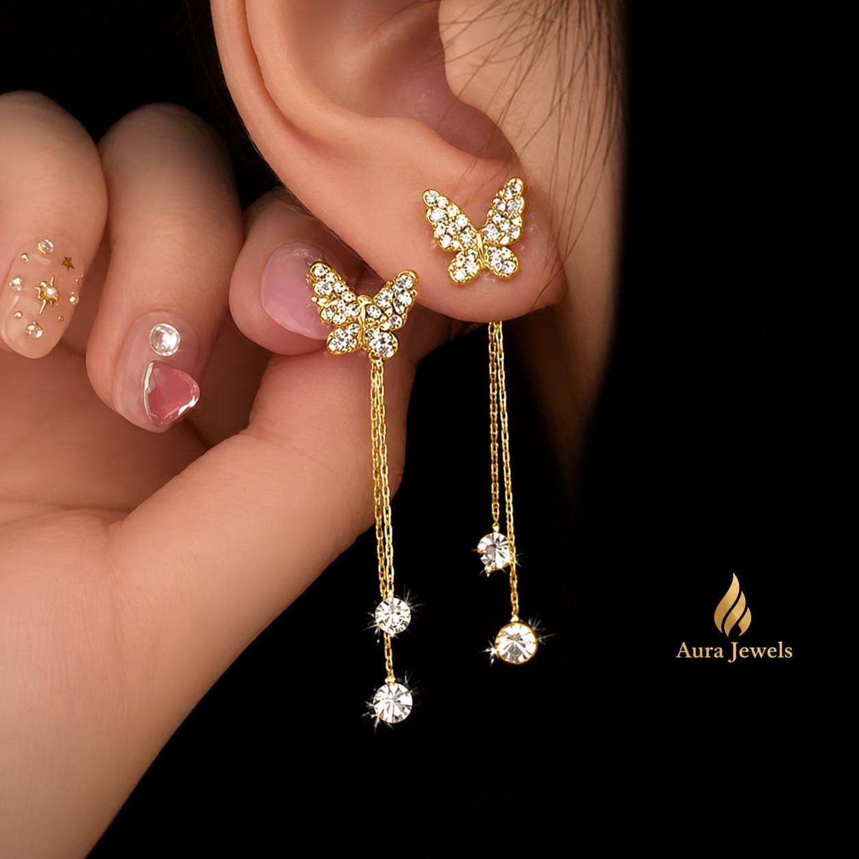 Gold Plated Butterfly Drop Earrings, Crystal Dangle Chain, Wedding Jewelry
