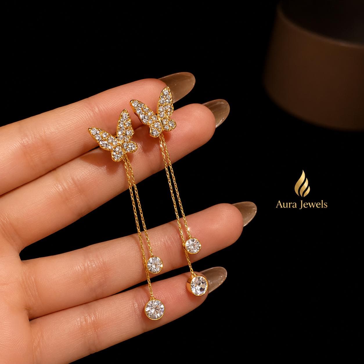 Gold Plated Butterfly Drop Earrings, Crystal Dangle Chain, Wedding Jewelry - image 2