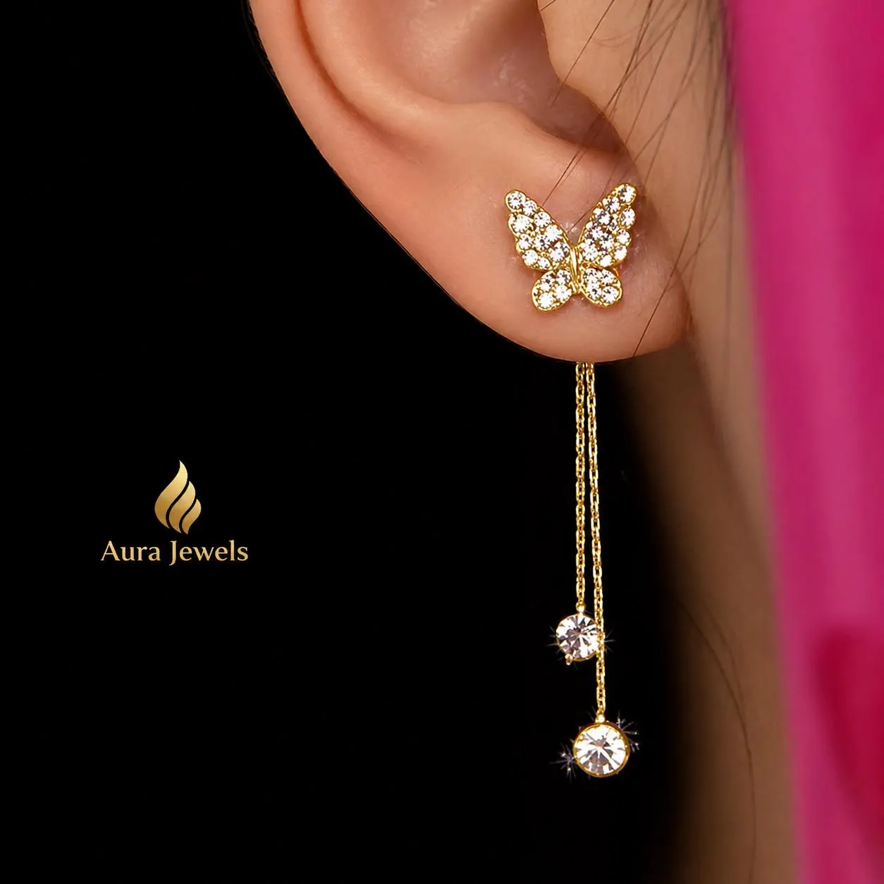 Gold Plated Butterfly Drop Earrings, Crystal Dangle Chain, Wedding Jewelry - image 3