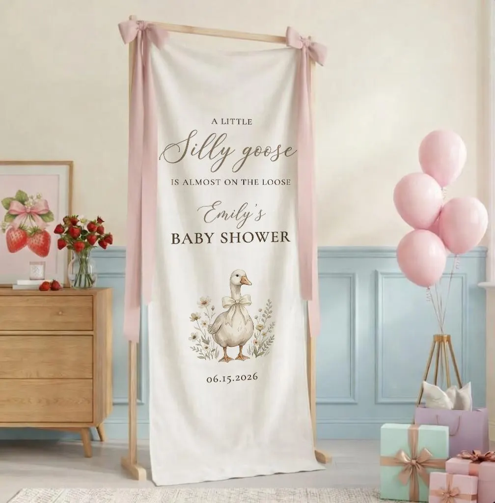 Custom Hello Baby Shower Welcome Banner, Linen Fabric Party Decor, a little silly goose banner - image 3