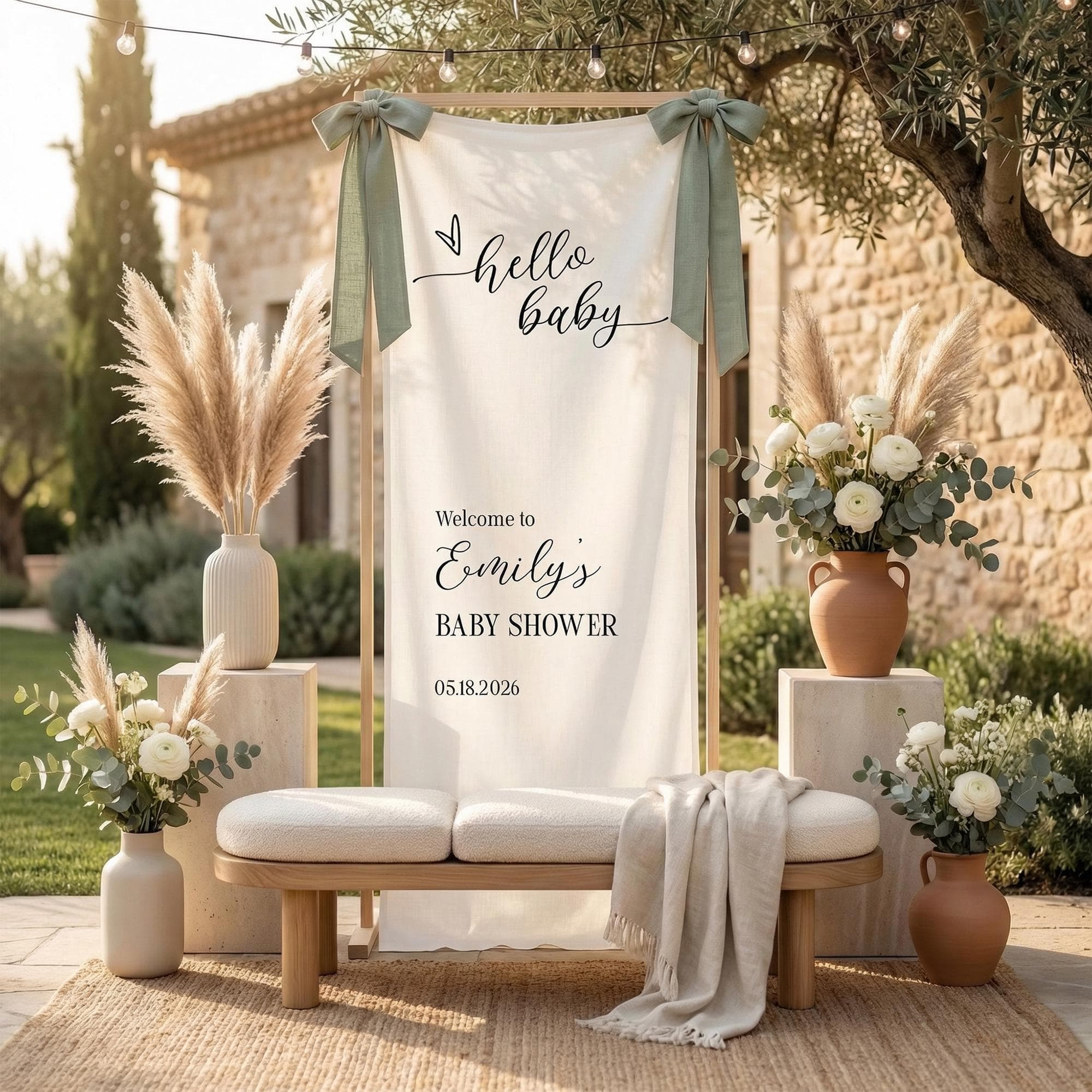 Custom Hello Baby Shower Welcome Banner, Linen Fabric Party Decor, Custom Baby Shower Backdrop, Neutral Boho Baby Shower Decor Sign - image 4