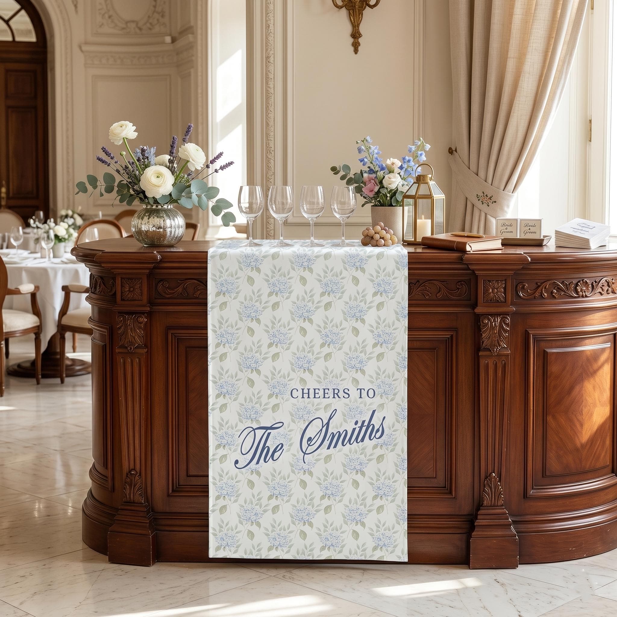 Blue Hydrangea Personalized Wedding Bar Sign, Custom Reception Bar Banner His and Hers Wedding Bar Decor, Bar Front Sign Gifts,name bar sign - image 4