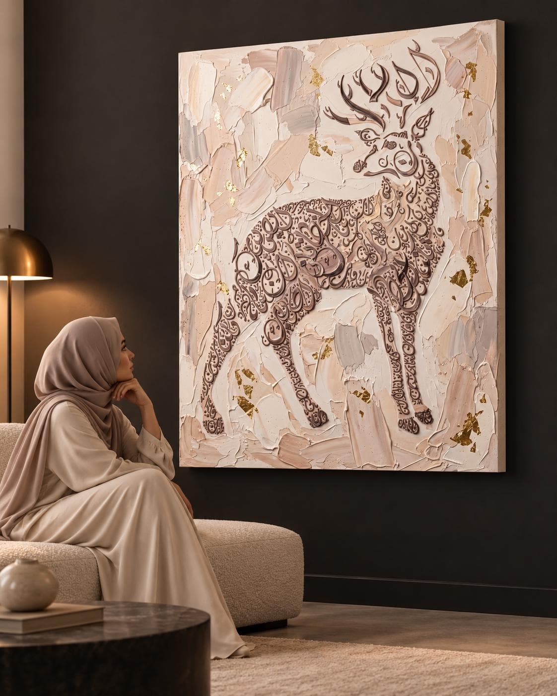 Arabic Calligraphy Deer Canvas Print, Beige Gold Stag Wall Art, Ready to Hang - image 4