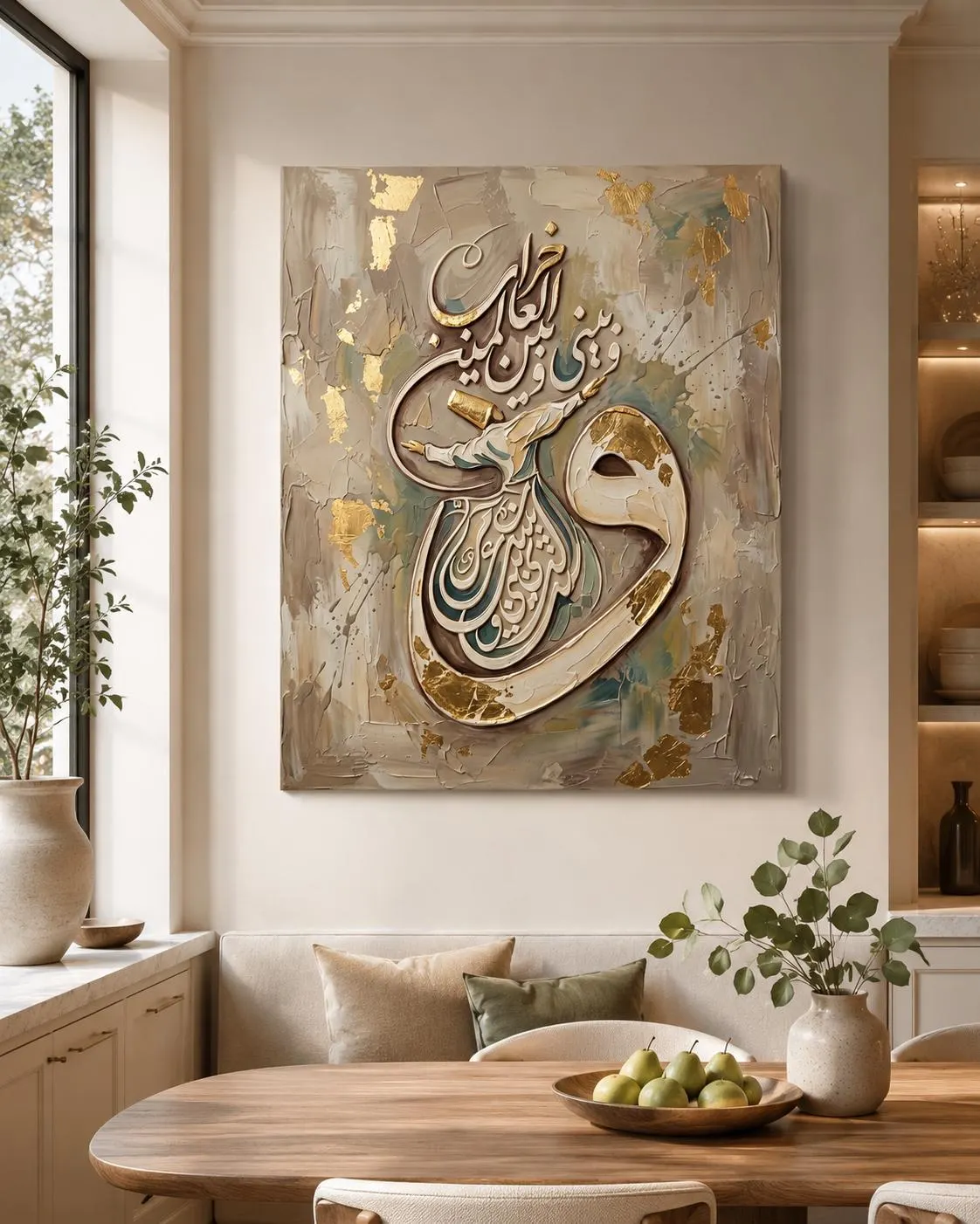 May include: A rectangular wall art piece featuring a central figure of a whirling dervish integrated into large Arabic calligraphy. The artwork uses a palette of beige, cream, and sage green with textured gold leaf accents applied across the surface.