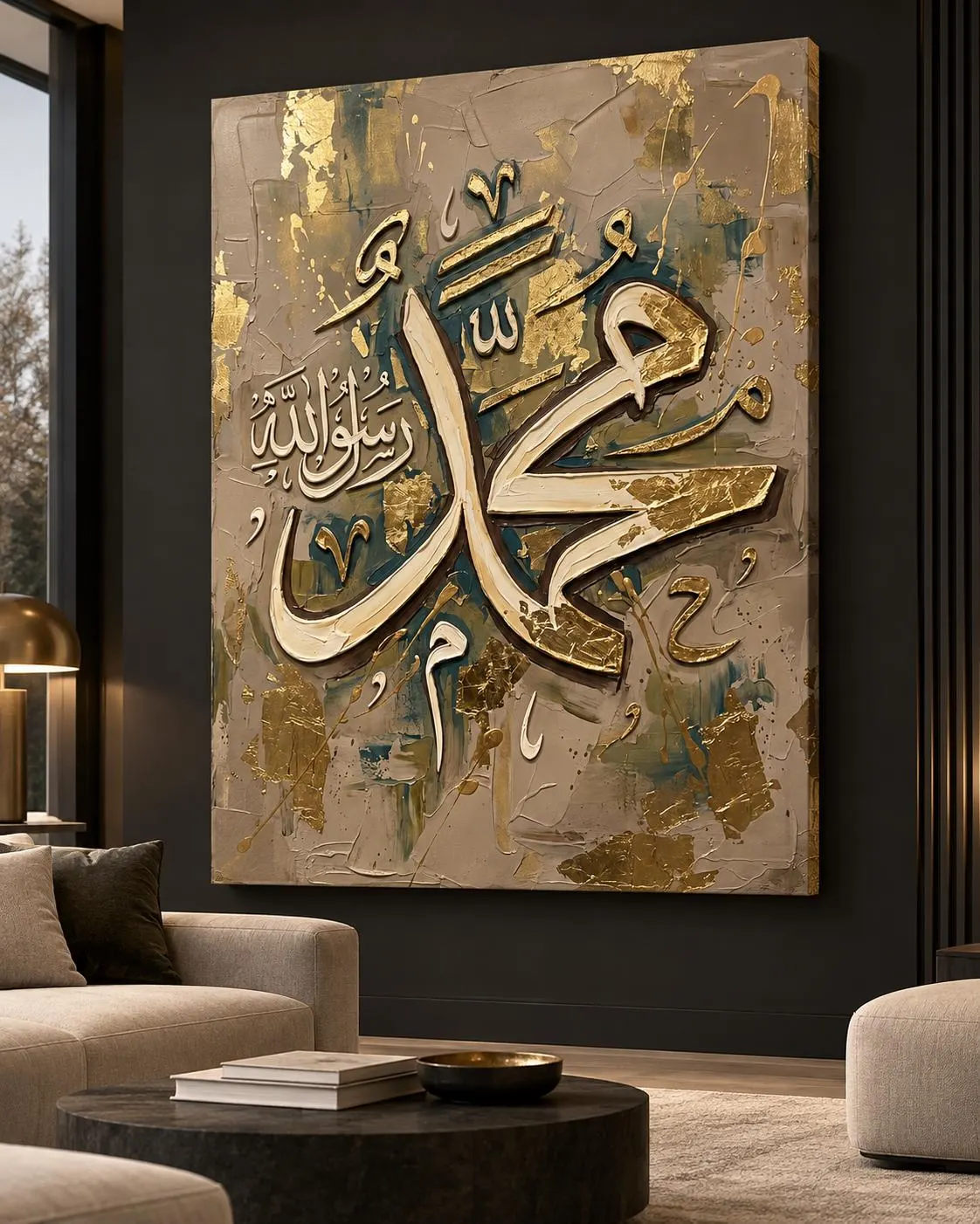 Muhammad Rasul Allah Canvas Print, Gold Teal Arabic Calligraphy, Ready-to-Hang Islamic Wall Art