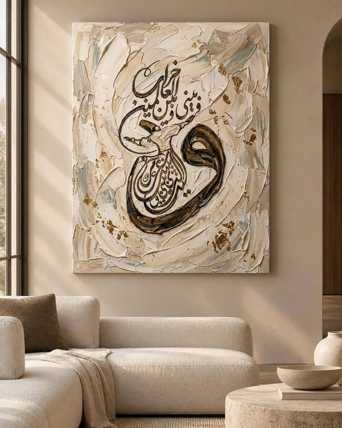 Whirling Dervish Arabic Calligraphy Canvas Print, Cream Gold Sufi Wall Art (Ready to Hang)