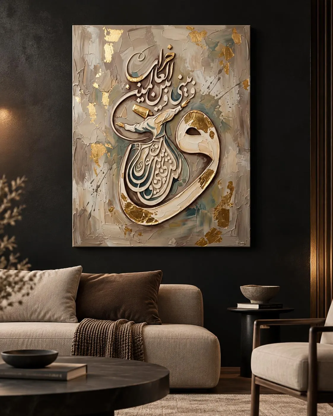 Whirling Dervish Textured Canvas Wall Art, Arabic Calligraphy Print, Islamic Sufi Beige Gold Decor