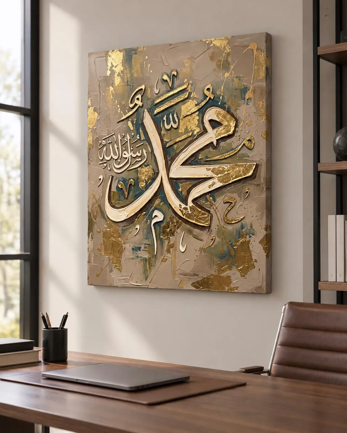 Muhammad Rasul Allah Canvas Print, Gold Teal Arabic Calligraphy, Ready-to-Hang Islamic Wall Art - image 3