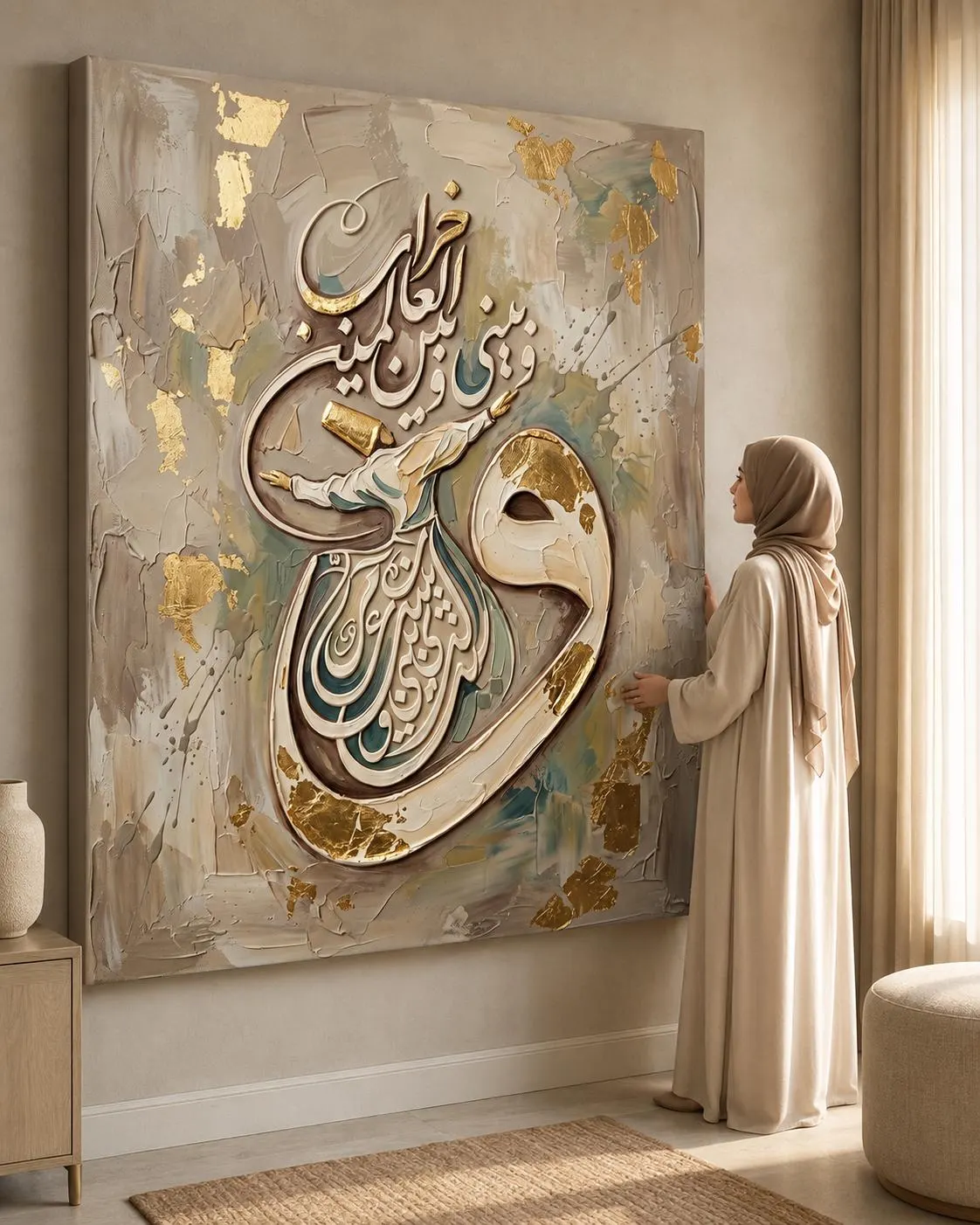 Whirling Dervish Textured Canvas Wall Art, Arabic Calligraphy Print, Islamic Sufi Beige Gold Decor - image 4