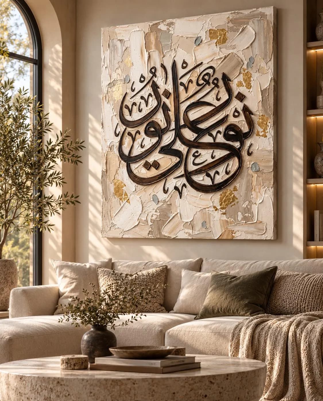 Nour Ala Nour Canvas, Arabic Calligraphy, Gold Leaf Effect, Ready to Hang
