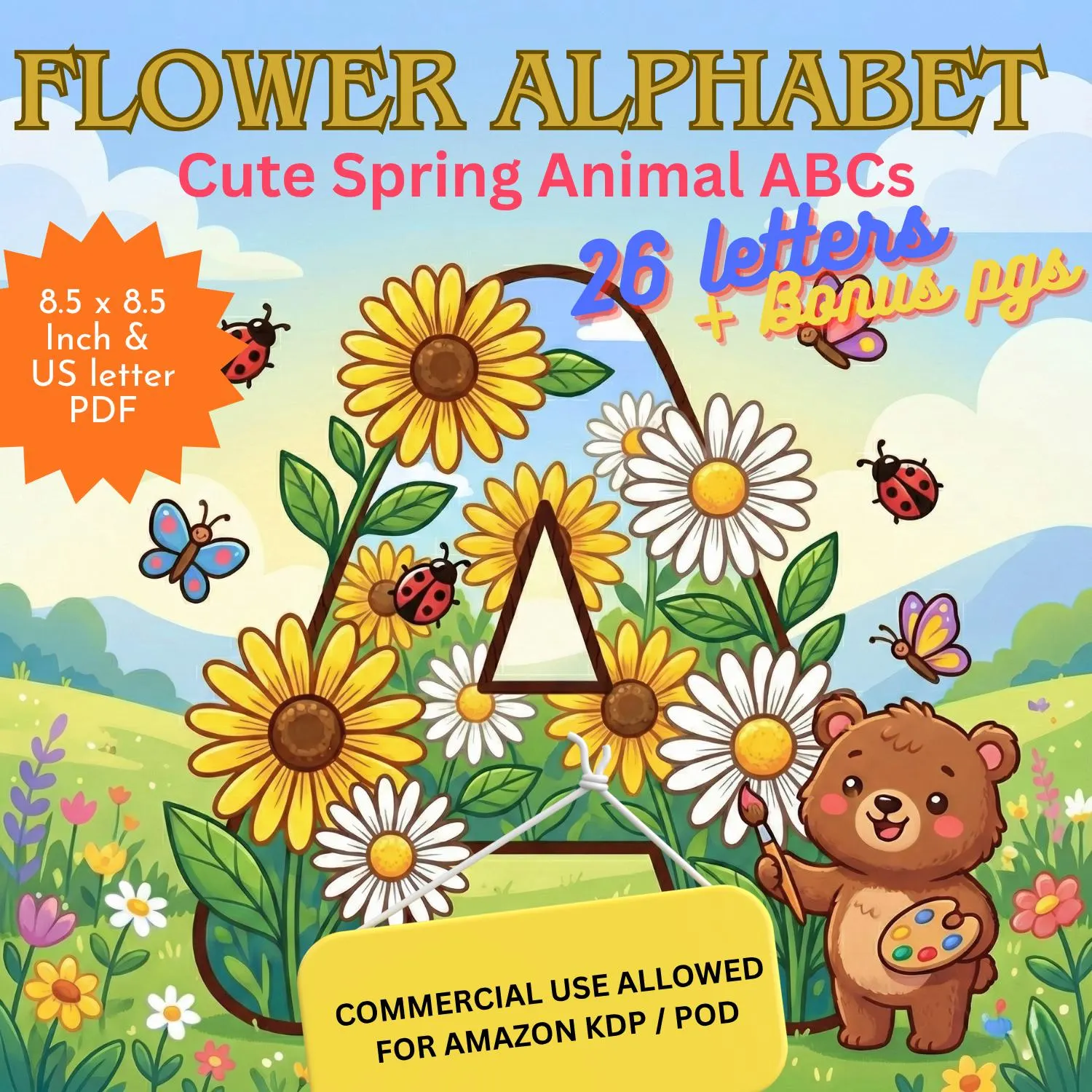 Flower Alphabet Coloring Pages for Kids Adults | 26 Animal ABCs Printable Book | Amazon KDP Commercial Use POD PDF Letter Square Interior
