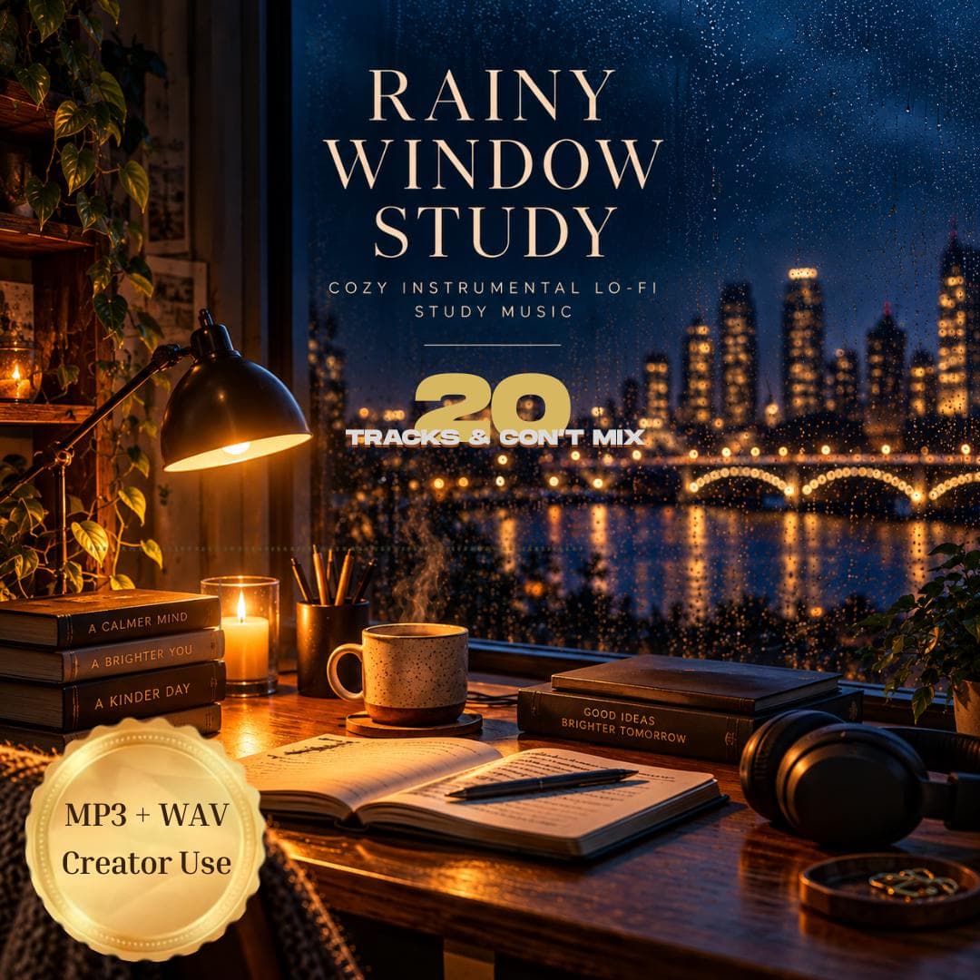 Rainy Lofi Study Music Bundle | 20 Tracks + 73 Min Mix | MP3 WAV | Cozy Focus Reading Work Music | Creator Use