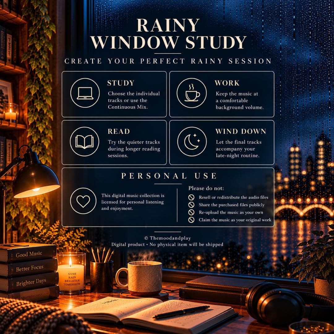Rainy Lofi Study Music Bundle | 20 Tracks + 73 Min Mix | MP3 WAV | Cozy Focus Reading Work Music | Creator Use - image 4