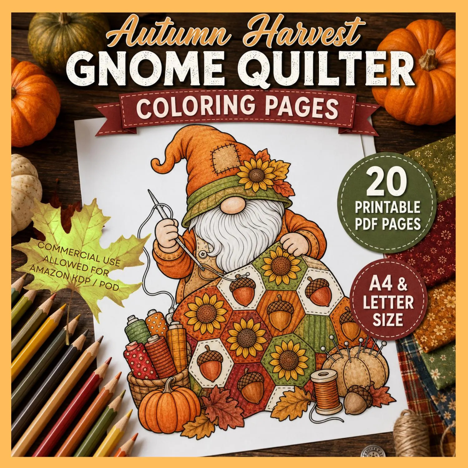 Autumn Gnome Quilter Coloring Pages for Adults | 20 Harvest Fall Cozy Sewing Book | Amazon KDP Commercial Use POD PDF Letter Interior