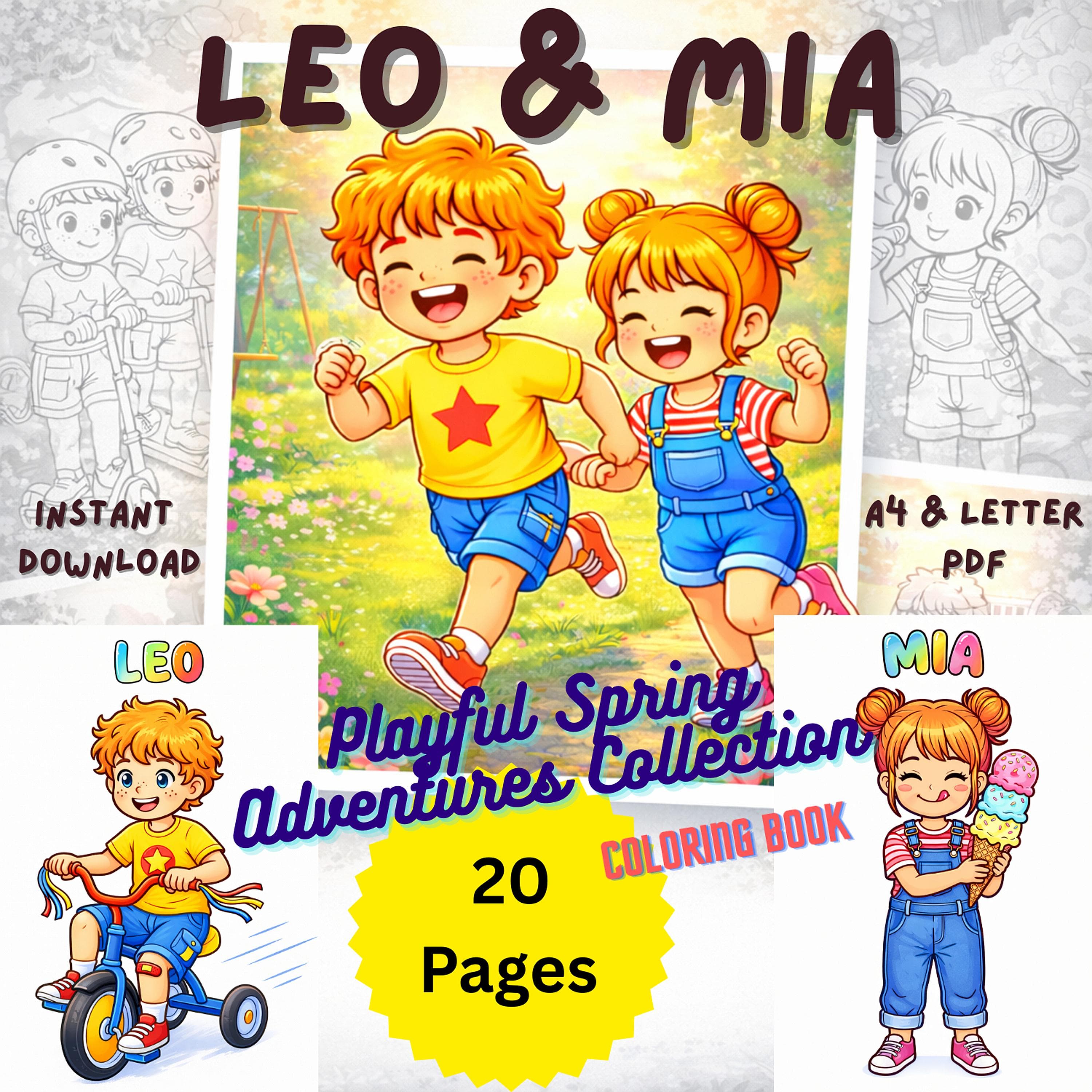Leo & Mia Spring Coloring Book, Kids' Daily life Adventures Activities (A4/Letter PDF)