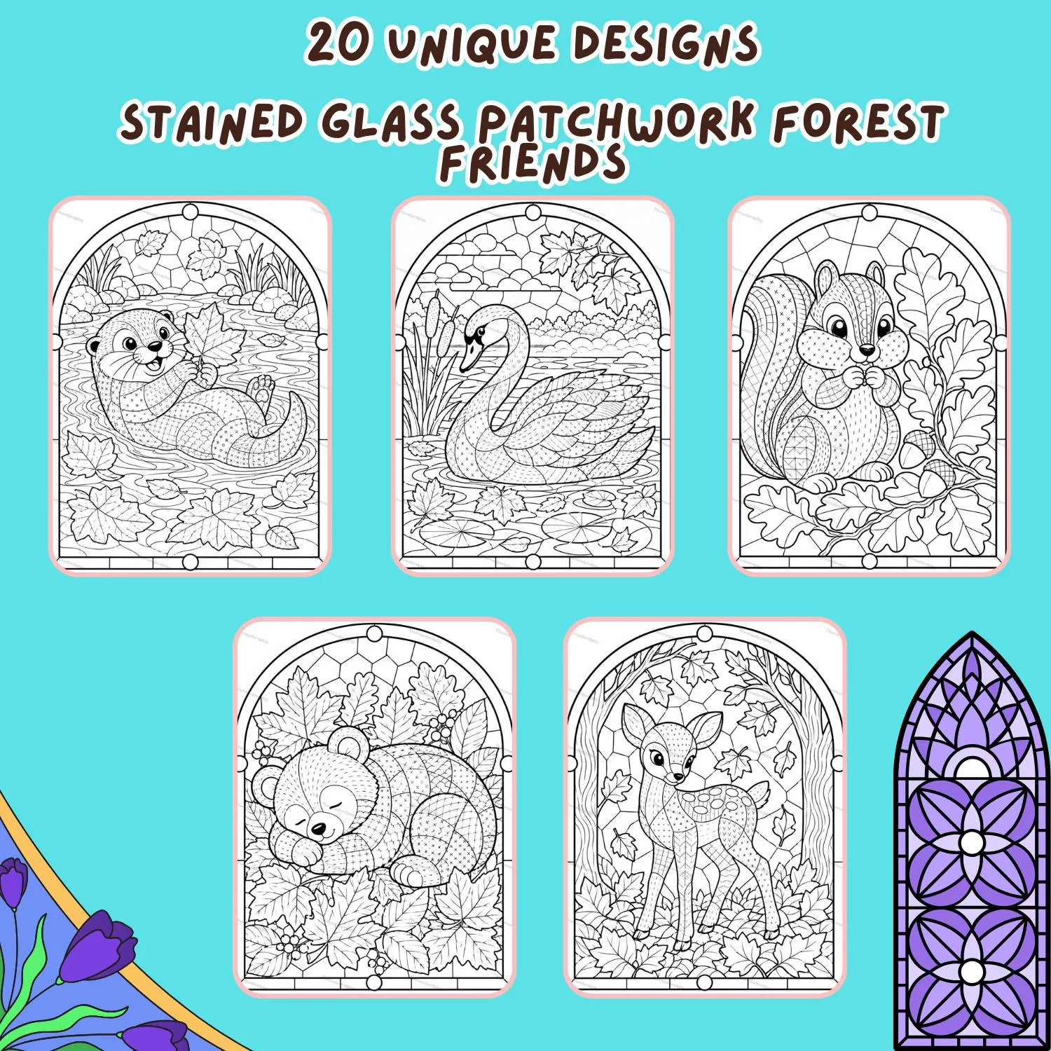 Stained Glass Patchwork Forest Animals Coloring Pages, Woodland Art Therapy (PDF Download) - image 5