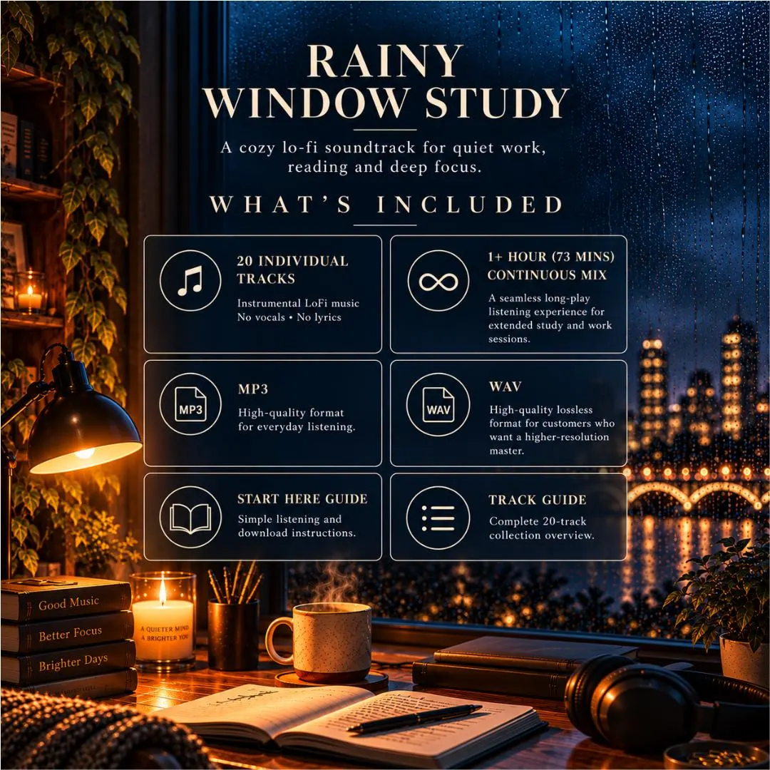 Rainy Lofi Study Music Bundle | 20 Tracks + 73 Min Mix | MP3 WAV | Cozy Focus Reading Work Music | Creator Use - image 2