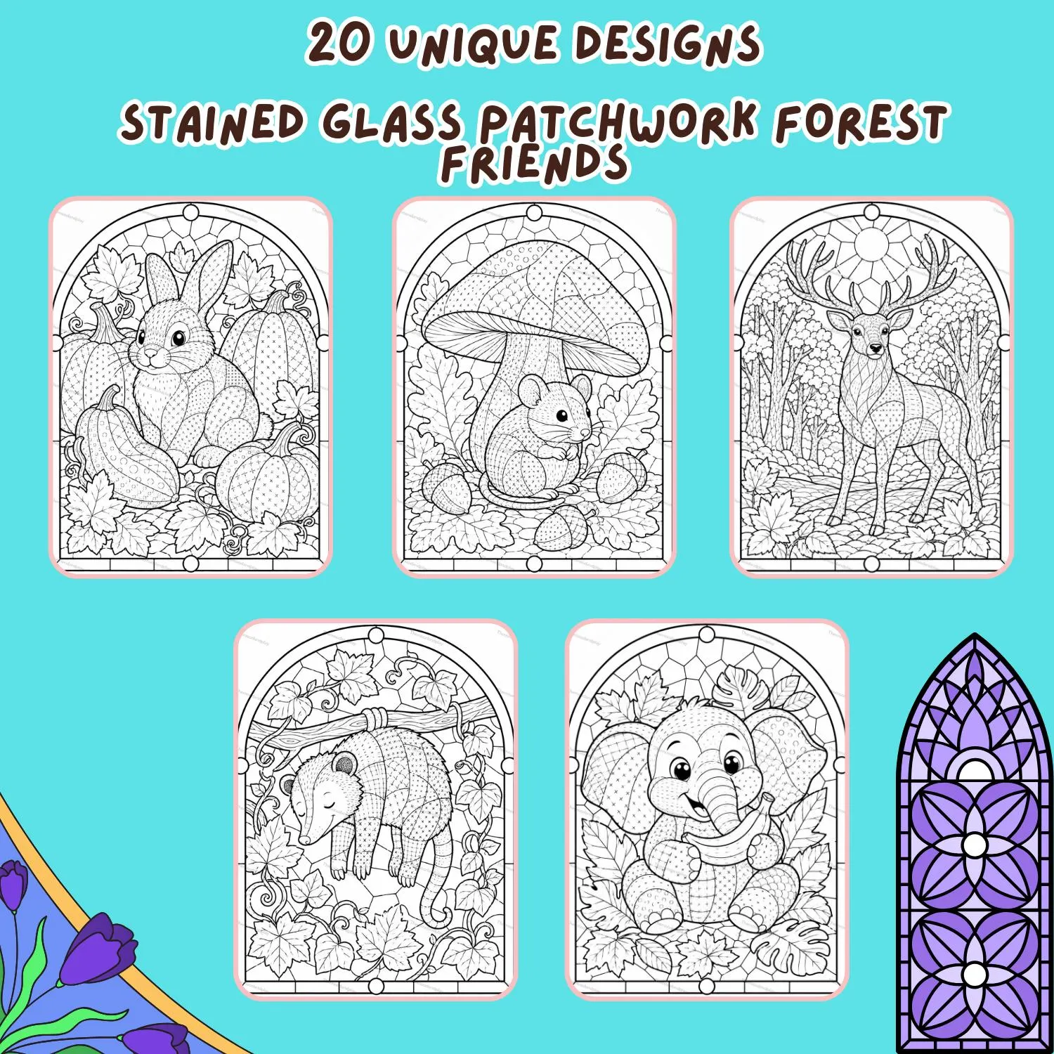Stained Glass Patchwork Forest Animals Coloring Pages, Woodland Art Therapy (PDF Download) - image 4
