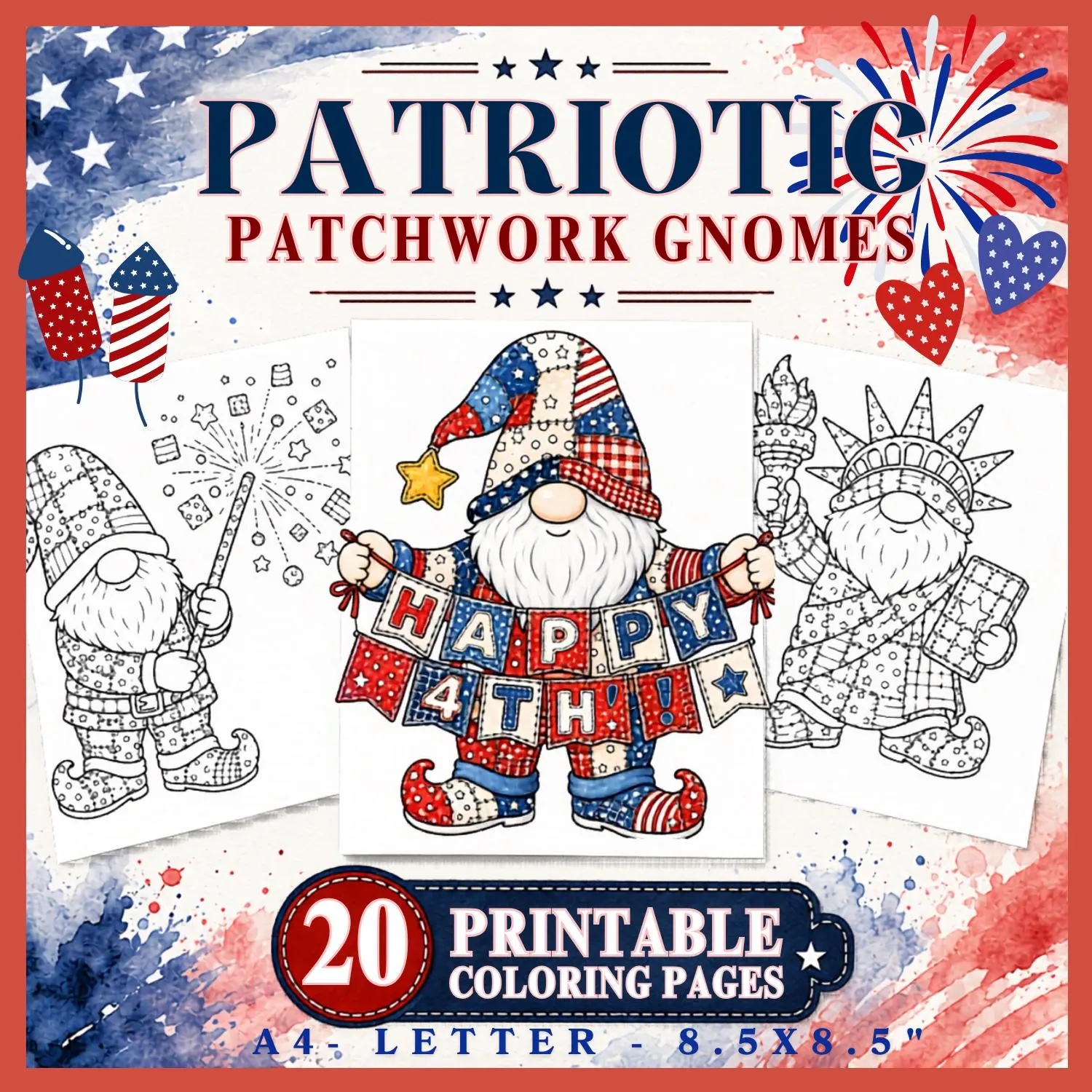 Patriotic Patchwork Gnomes Coloring Pages, 4th of July Activity (PDF Download)