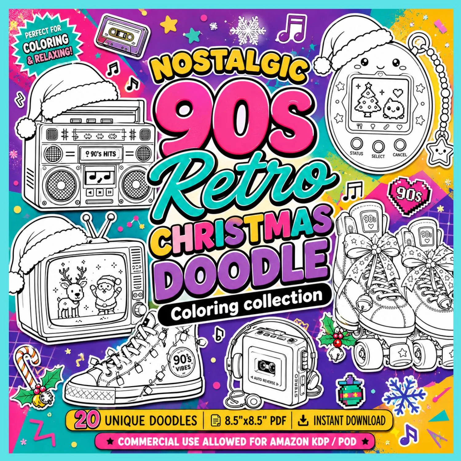 Retro 90s Christmas Coloring Book | 20 Nostalgic Xmas Doodles | Instant Download PDF | Adult Kids Activity, Holiday Craft, Best Seller