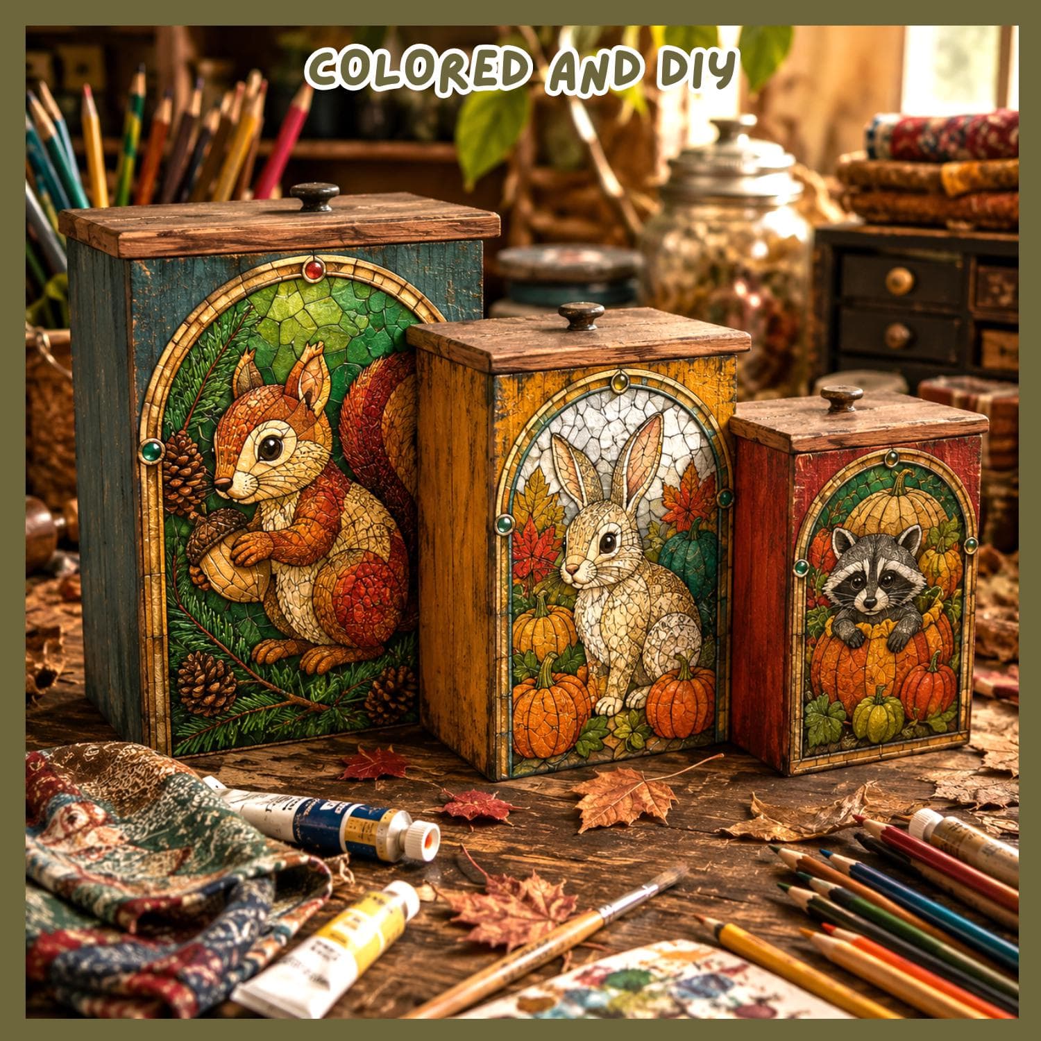 Stained Glass Patchwork Forest Animals Coloring Pages, Woodland Art Therapy (PDF Download)