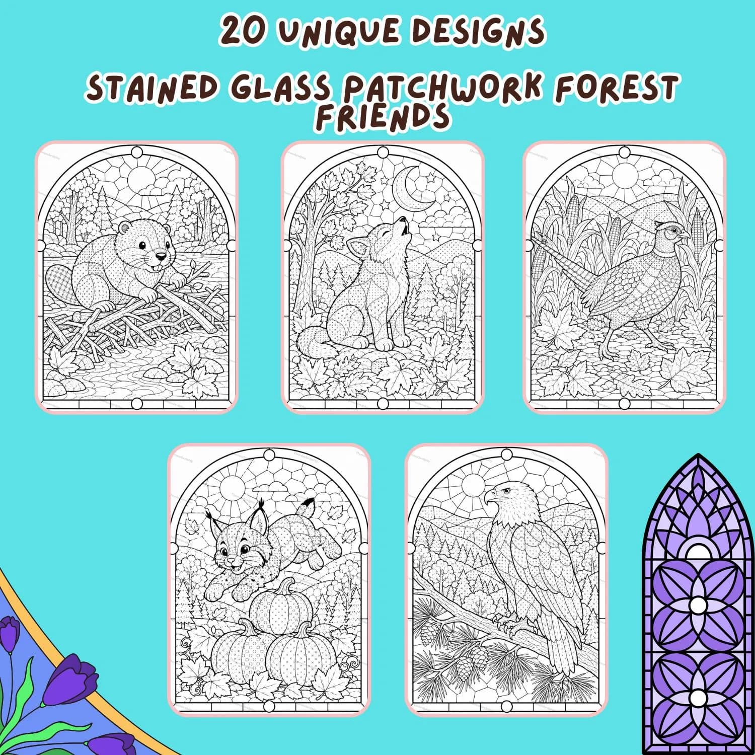 Stained Glass Patchwork Forest Animals Coloring Pages, Woodland Art Therapy (PDF Download) - image 3