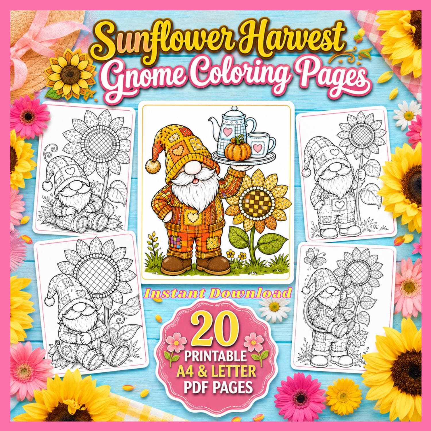 Sunflower Harvest Gnome Coloring Pages | 20 Printable PDF Pages (Digital Download)